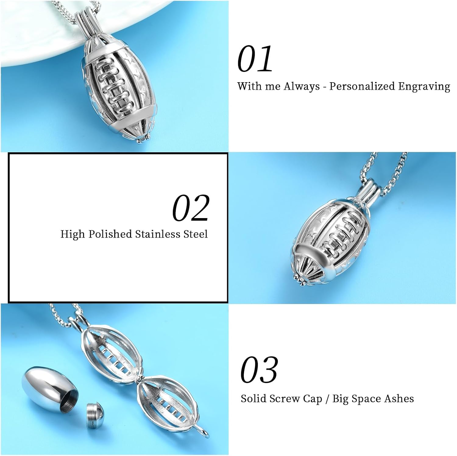 Oinsi American Football Cremation Locket Necklace For Ashes Of Loved Ones Stainless Steel Memorial Urn Jewelry Women Men Keepsake Fashion Necklace - Image 3