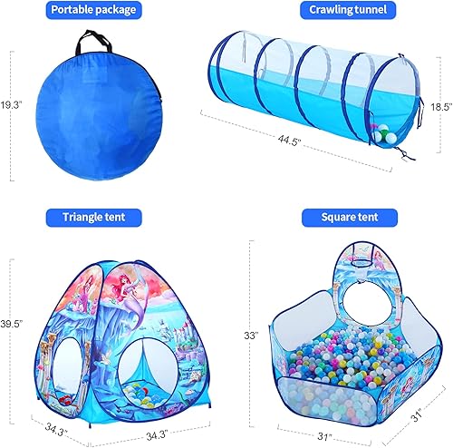 Miniatura 7 de Tienda de campaña de sirena 3 en 1 para niños pequeños con hoyo de pelotas para bebés y túnel de juego, casa de juegos para interiores y exteriores