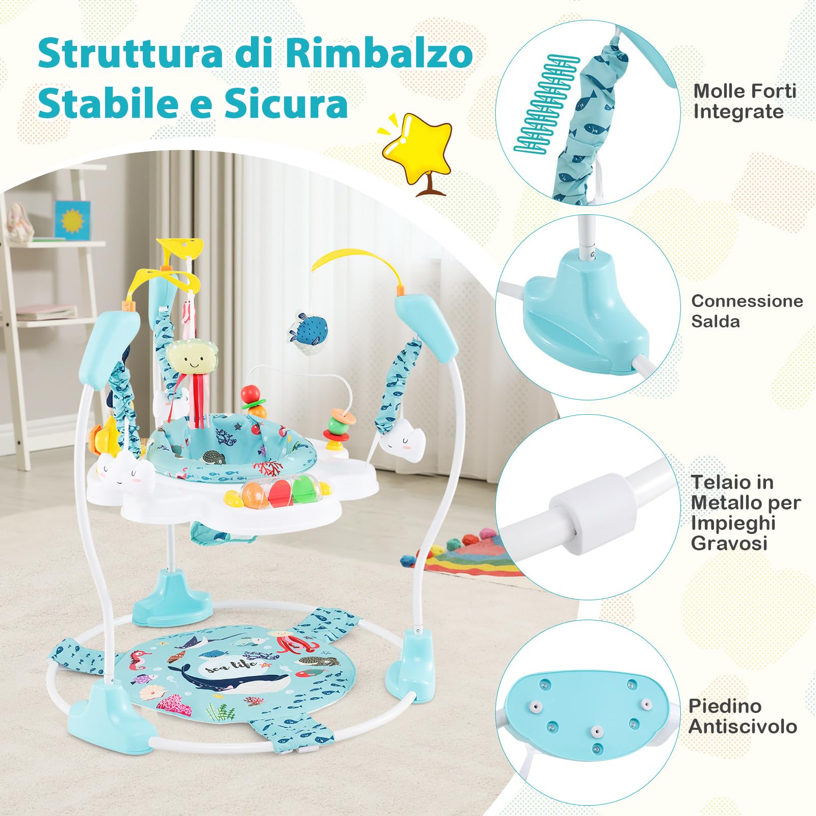 COSTWAY Jumperoo per Bambini, Centro Attività Saltella con Altezza Regolabile, Sedile Girevole 360°, Luci e Suoni, 6+ Mesi, Azzurro