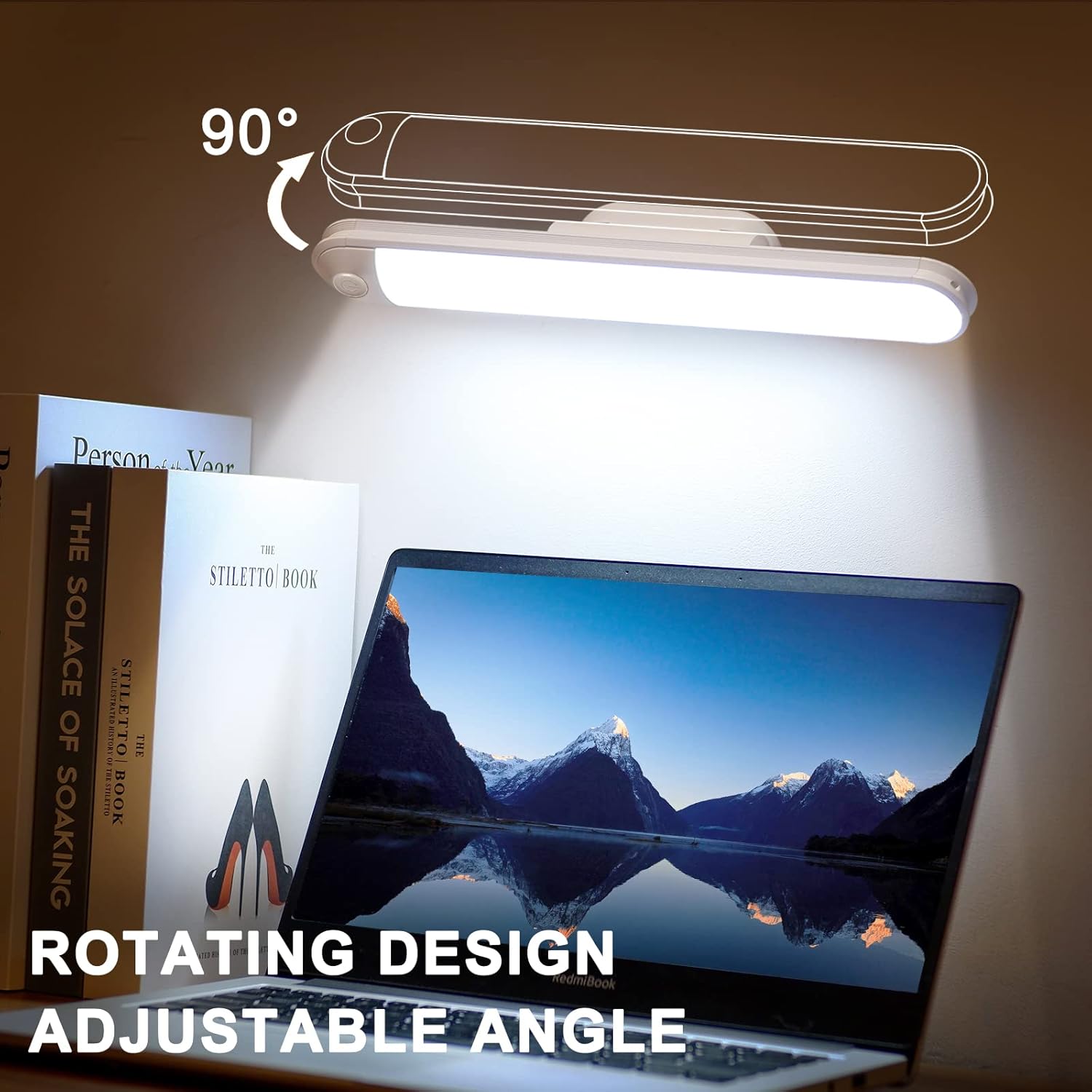 Diagram showing the light bar rotating 90 degrees on its mount above a laptop.