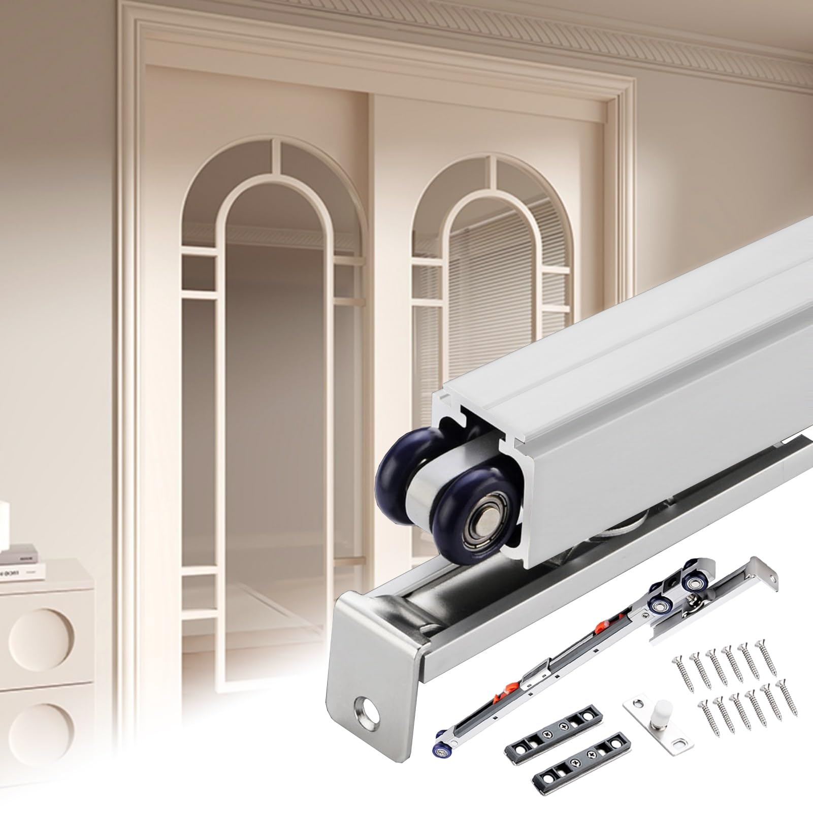 Kit de rieles y rodillos para puerta de bolsillo con guía superior de fácil montaje