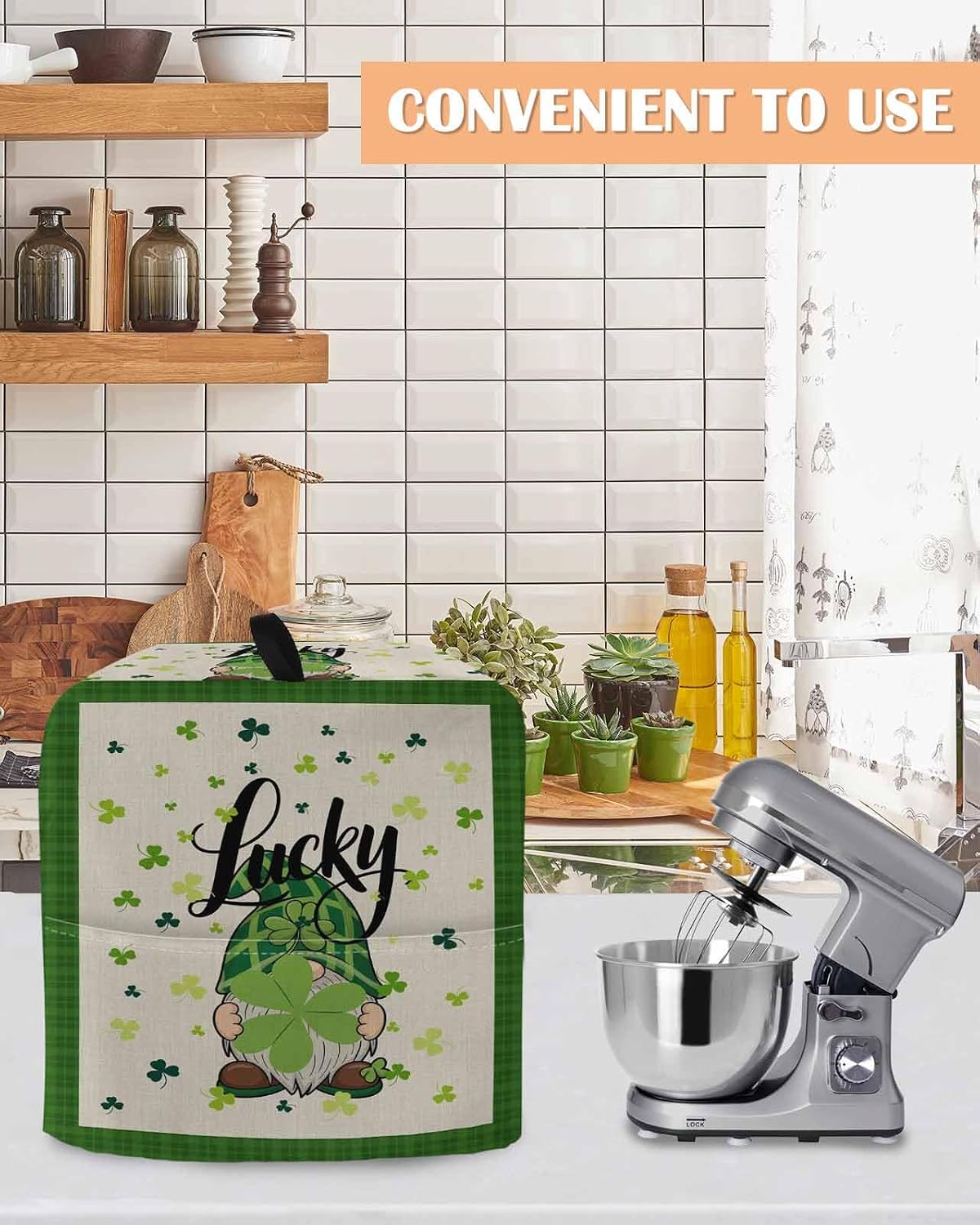 St. Patrick's Day Stand Mixer Cover with Storage Pocket, Waterproof Kitchen Mixer Covers, Lucky Gnomes Shamrock Green Plaid Beige Kitchen Appliance Dust Cover Compatible with 5-8 Quart Mixers