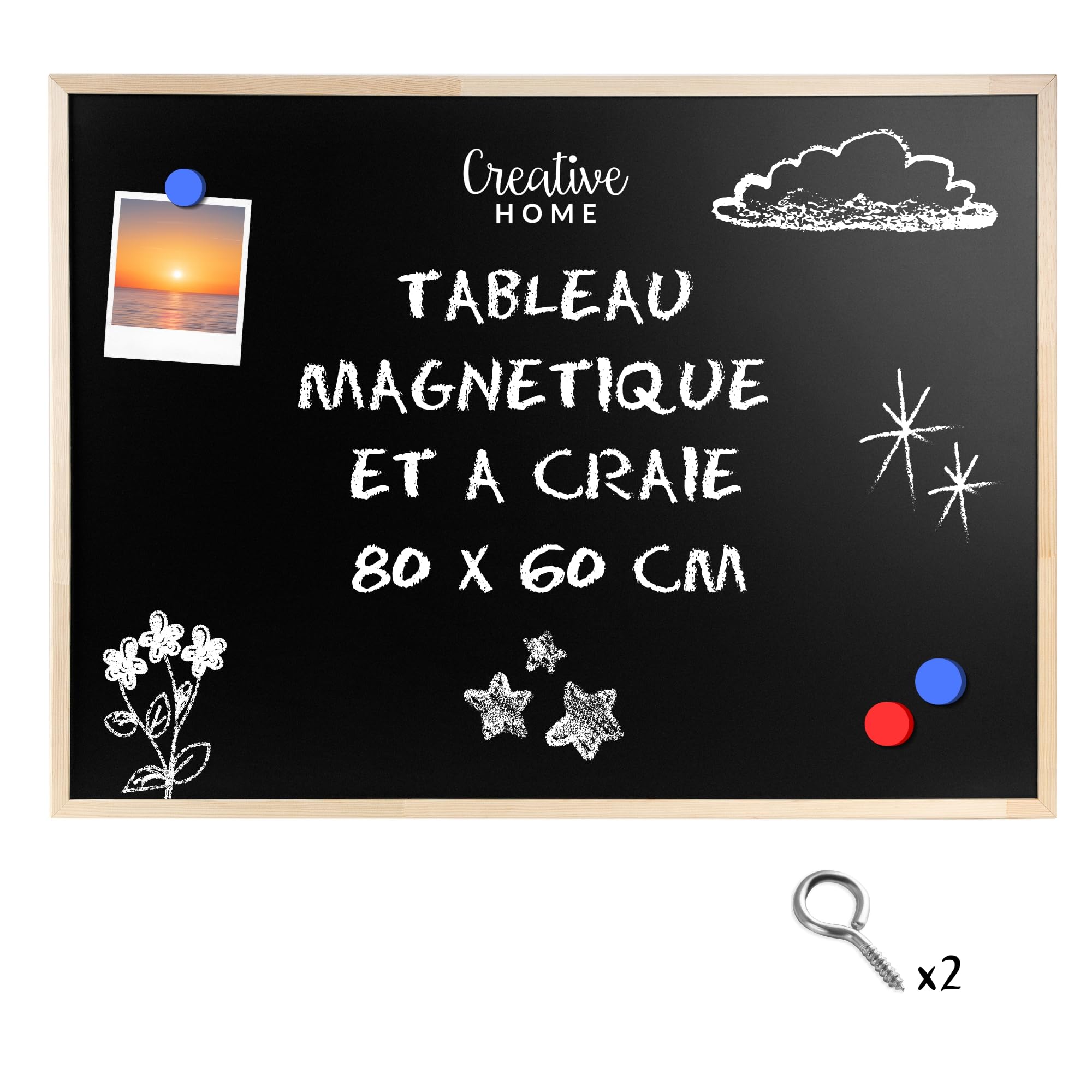 Creative Home 80 x 60 cm Tableau Magnétique Aimanté | Fabriqué dans l'UE | Tableau Craie Noir Ardoise Murale | 2 Crochets de Fixation | Pour la Maison, le Bureau et l'École