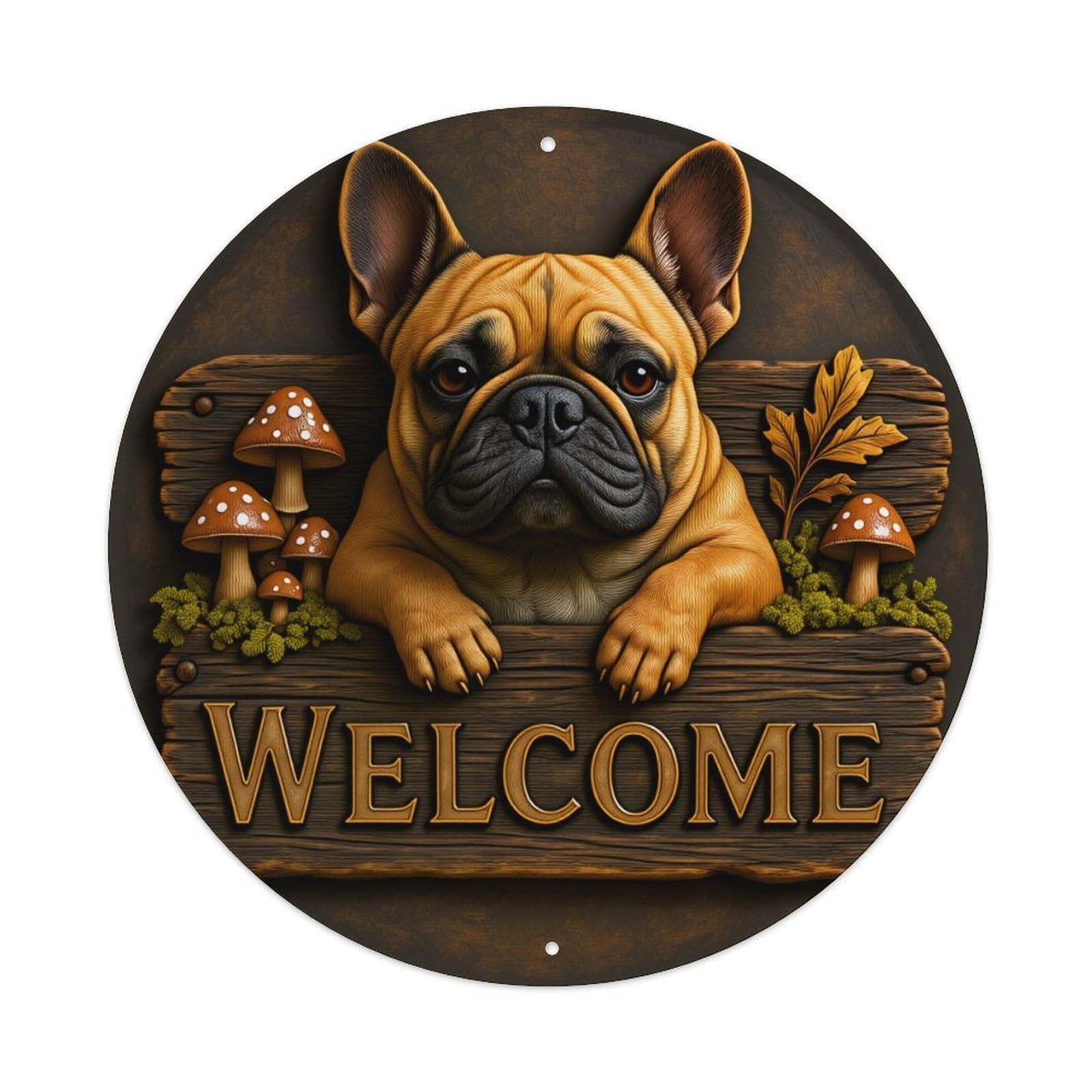 French Bulldog Welcome Sign Mushroom Forest Round Tin Sign Vintage Metal Poster, Home Bar Garage Man Cave Cafe Indoor & Outdoor Wall Decoration 8x8Inches