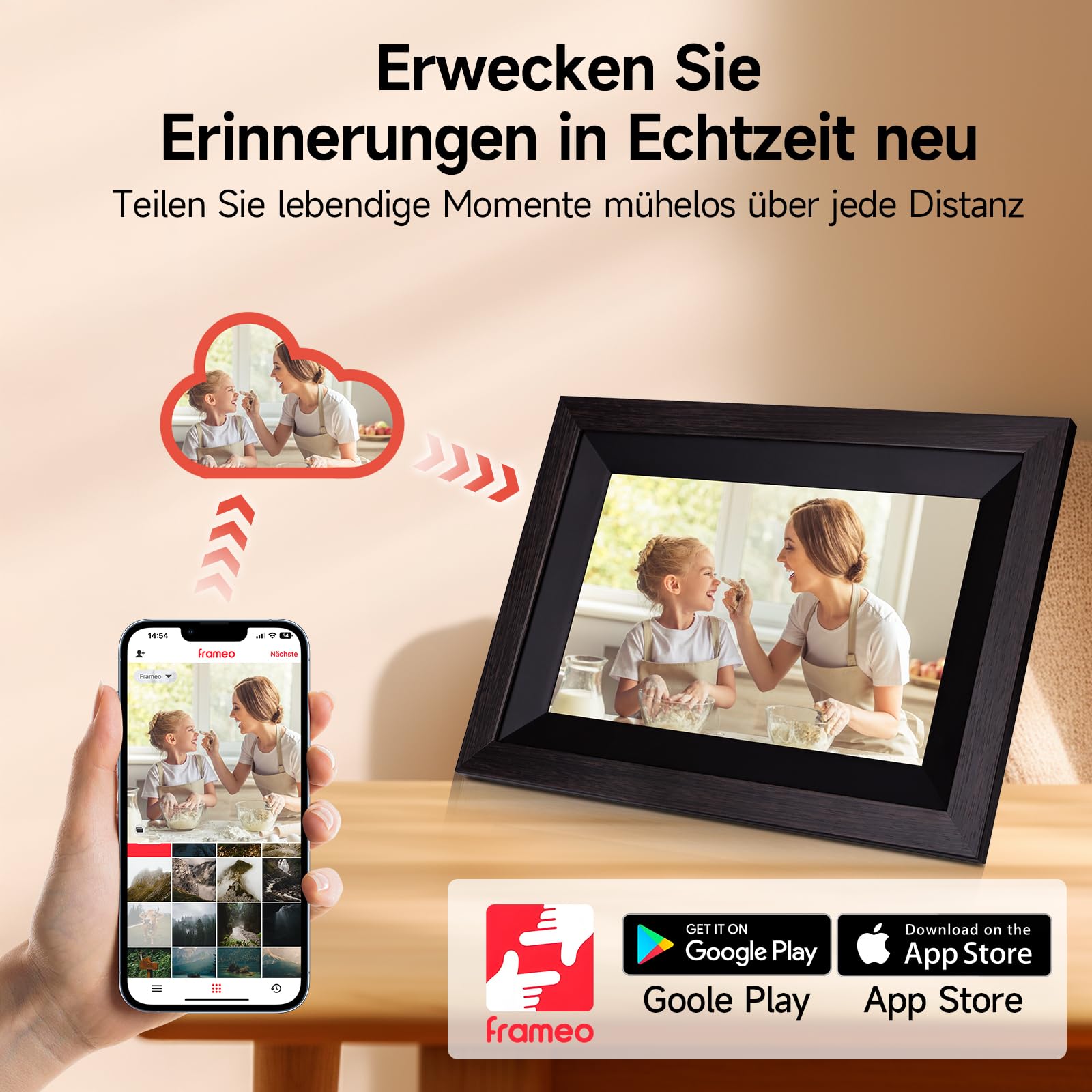 Digitaler Bilderrahmen, Rollei Smart Frame WiFi 105 10,1 Zoll Frameo WLAN Digital Photo Frame 1920x1200 Touchscreen 32GB Speicher Holz Schwarz Digitaler-Bilderrahmen-Digital-Elektronischer-Fotorahmen