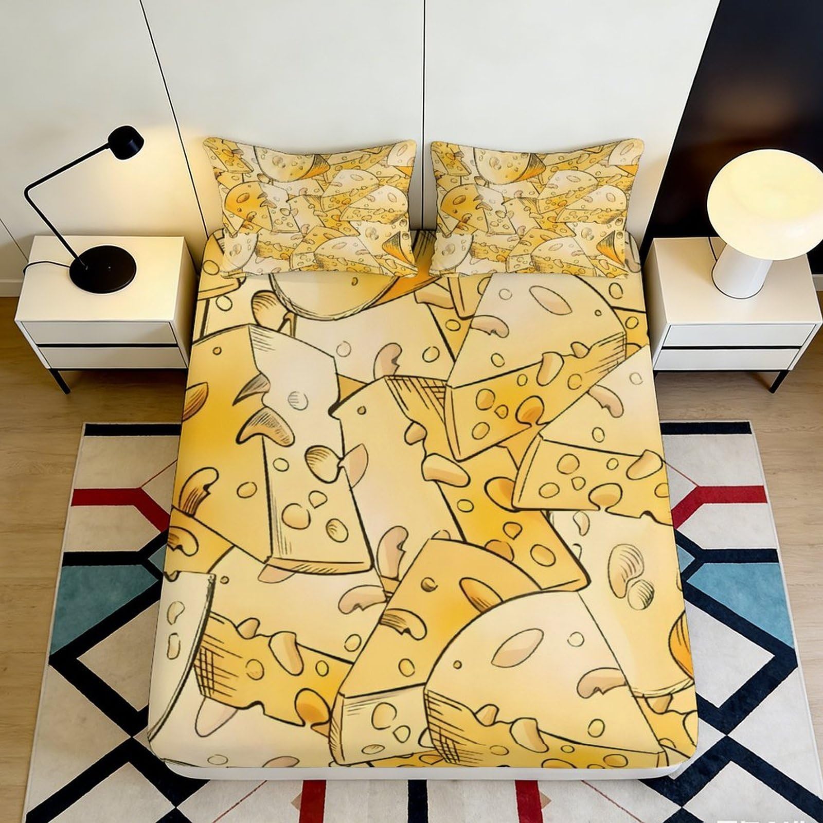3D Printed Cheese Cartoon Fitted Sheet Microfiber Soft Yellow Swiss Pattern Mattress Cover for Bedroom Dorm Home Decor 90x200x25cm