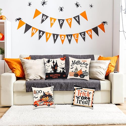 Miniatura 6 de Juego de 4 fundas de almohada de Halloween, 18 x 18 pulgadas, fundas de cojín de bruja murciélago y calabaza, fundas de almohada de Halloween para