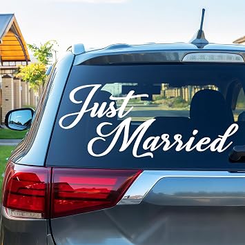 Timtin Just Married Car Decal Vinyl Stickers Wedding Car Decorations Vehicle Removable Decals Window Door Decor for Wedding Anniversary Party Supplies15.5x7 Inch, 27.3x7.2 Inch,Losttimoh,White