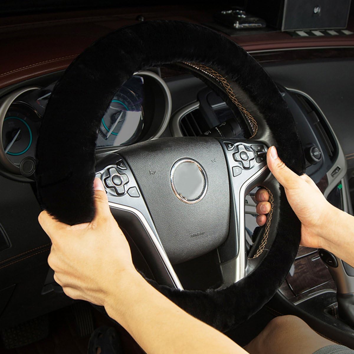 Black Sheepskin Steering Wheel Cover- Zone Tech Plush Stretch On Vehicle Faux Sheepskin Steering Wheel Cover Classic Black Car Wheel Protector
