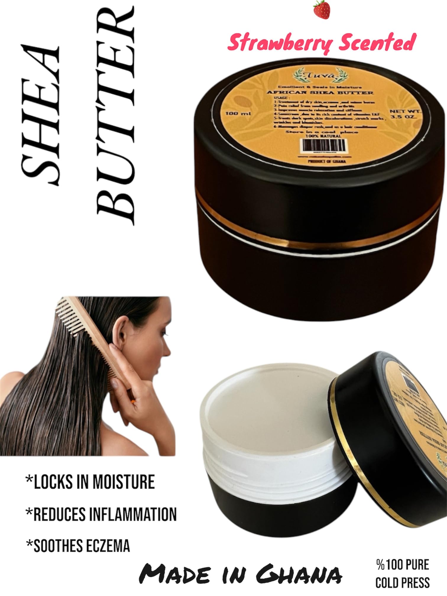 Raw African Shea Butter, 100% Natural, Strawberry Scented, Unrefined & Fresh Moisturizer, Ideal for Dry Skin, Soothing & Restorative for Body & Face, Helps with Eczema, 35 oz