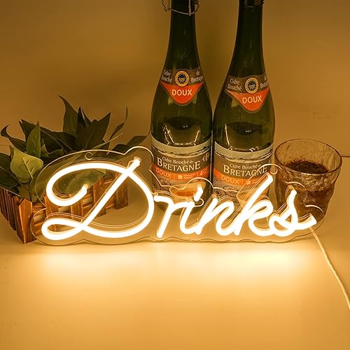 KANAYA Letrero LED de neón con texto en inglés "Drinks", blanco cálido, regulable, alimentado por USB, para club, pub, hotel, cumpleaños, boda,
