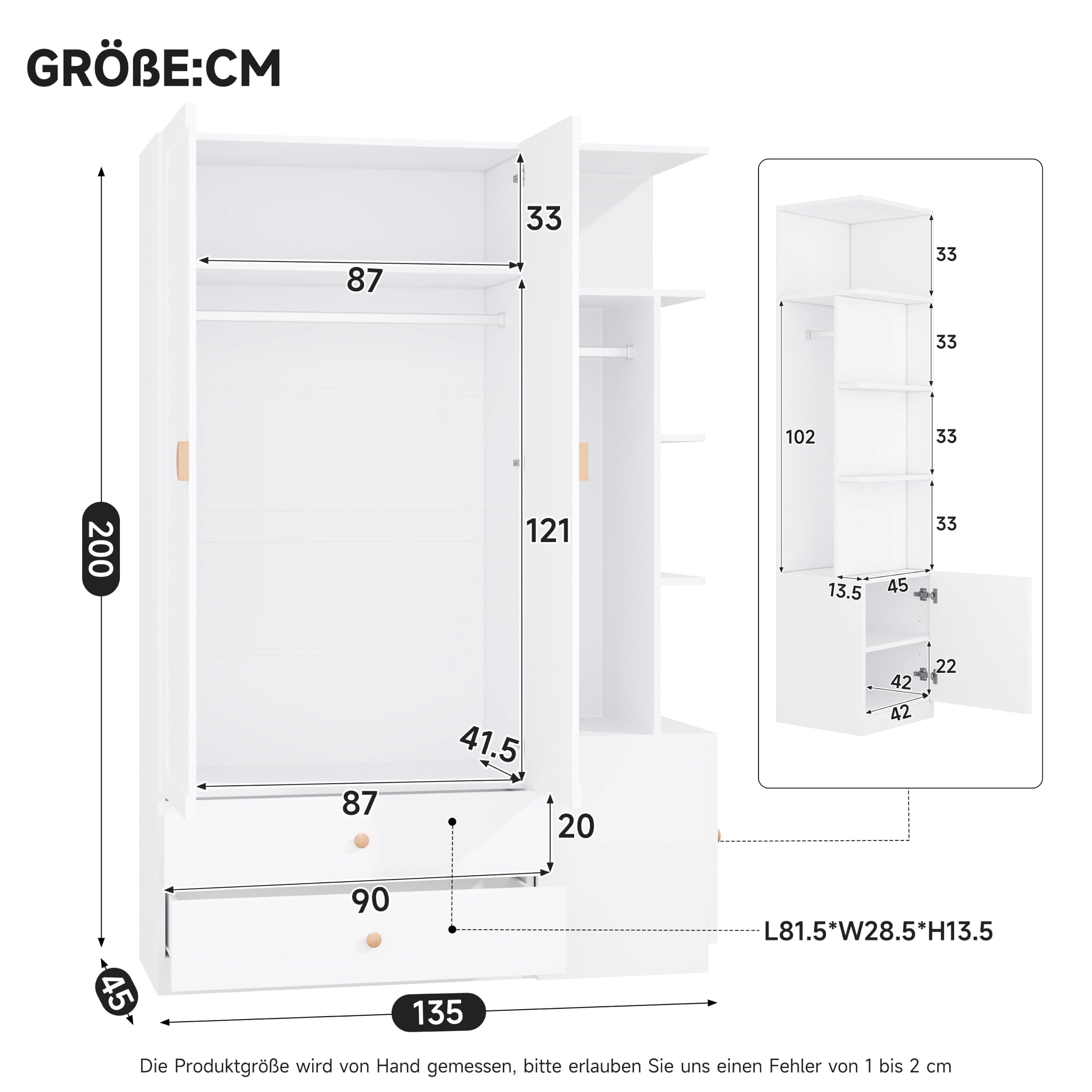 Merax Kleiderschrank Kinderzimmer 135 x 45 x 200 cm, großer Kinderkleiderschrank Weiß mit 2 Kleiderstangen, 2 Schubladen, flexiblem Seitenschrank und 4 Massivholzgriffen, Schrank für Schlafzimmer