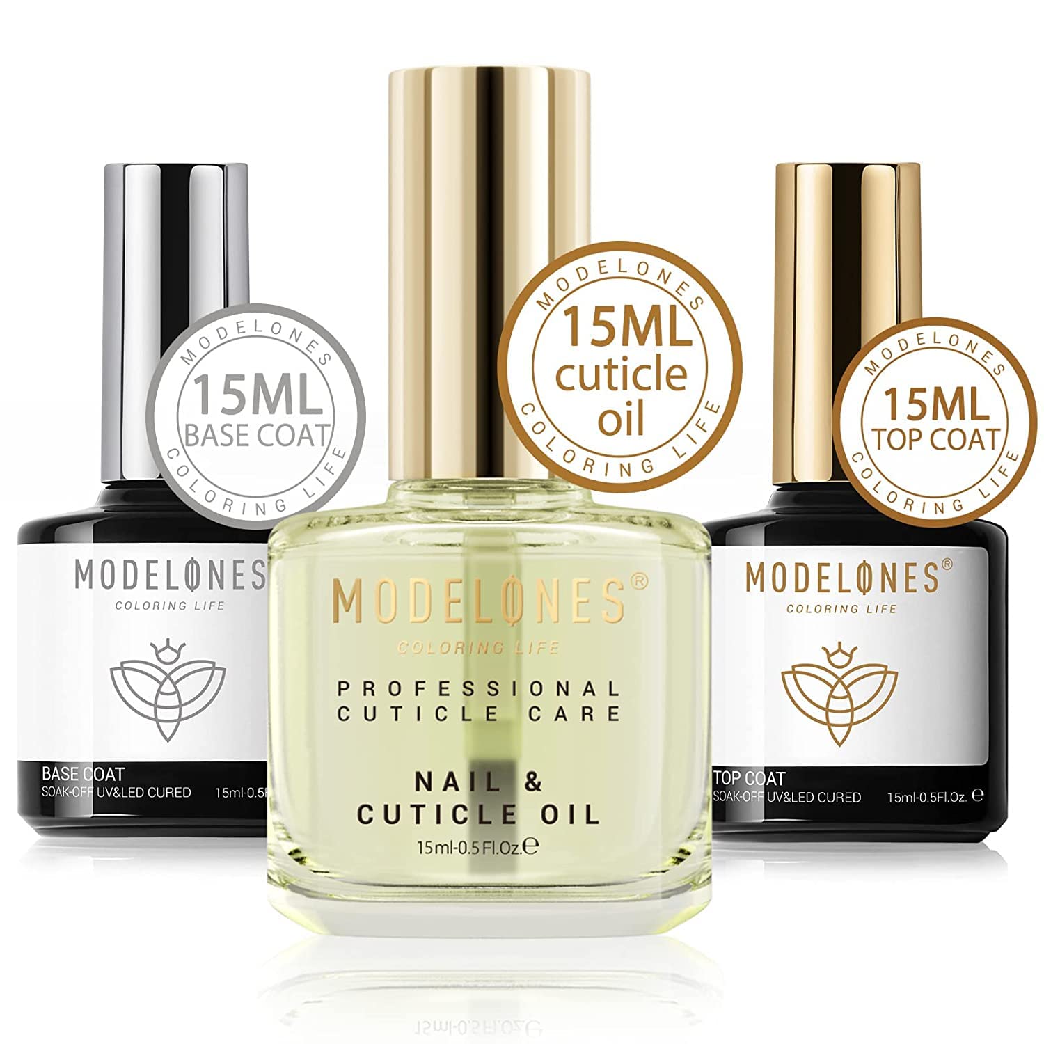 modelones 15ml Gel Top Coat & Base with Cuticle Oil Set, 3Pcs Gel Nail Polish Kit No Wipe Gel Base Gloss Top Coat & Nail Oil for Dry and Damaged Cuticles Nail Treatment Set : Beauty & Personal Care