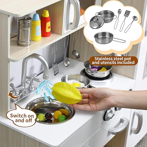 Miniatura 4 de Arlopu Juegos de cocina preescolar, juego de cocina de simulación de madera, juego de cocina pequeño para niños pequeños con teléfono, estufa,