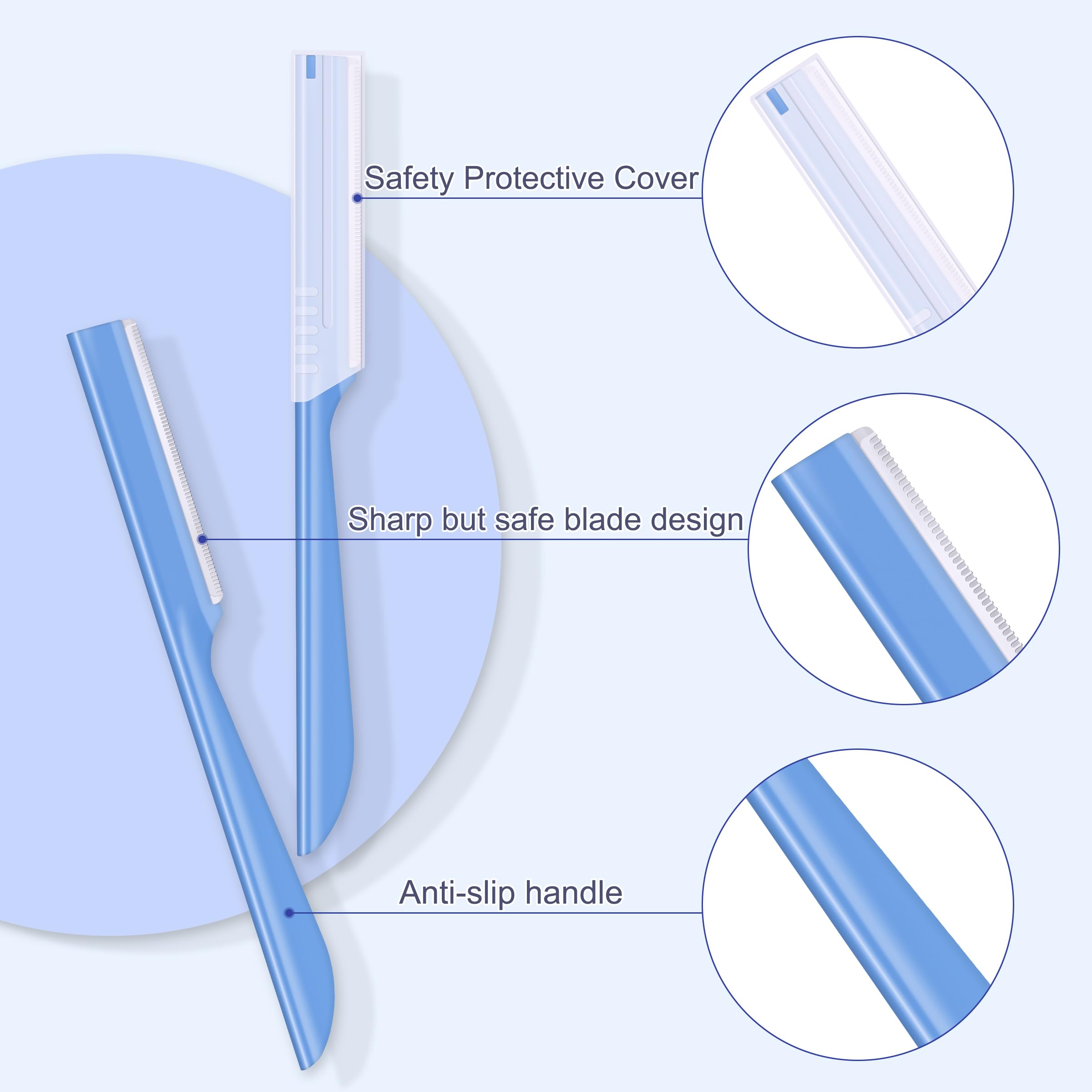 Straight Edge Razor, 6 Pcs Facial Razor for Men, Stainless Steel Face Dermaplaning Razor, Mustache and Beard Shaping Tool, Travel Razor with Anti-slip Handle (Blue)