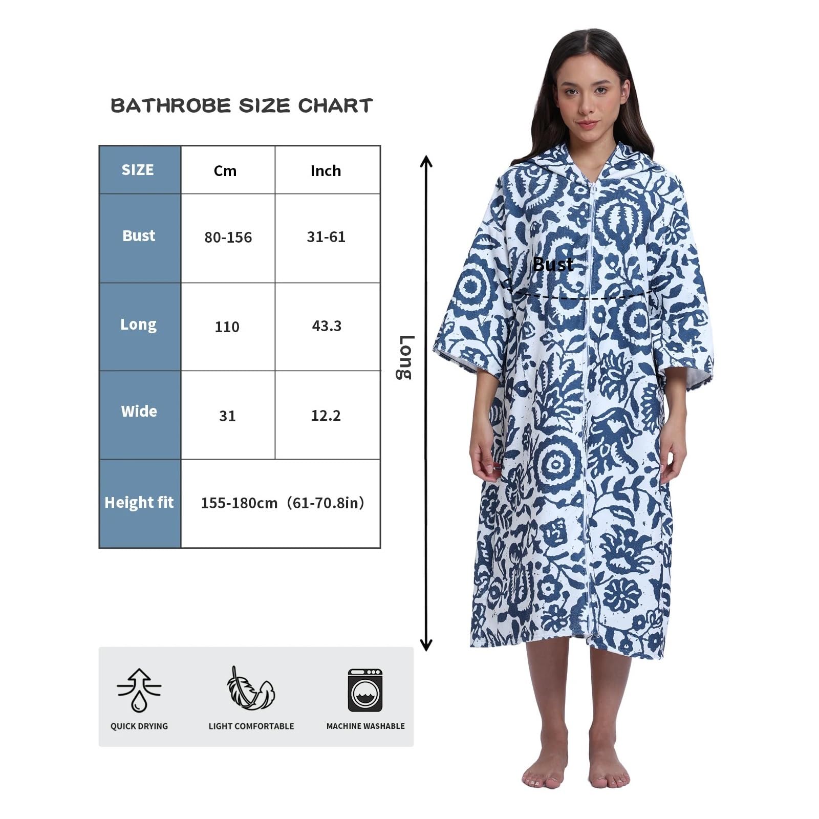 Toalla de baño con Capucha for Adultos - Toalla de Playa con Estampado Floral Azul y Cremallera, poliéster de Secado rápido for Piscina y Playa(Pink)