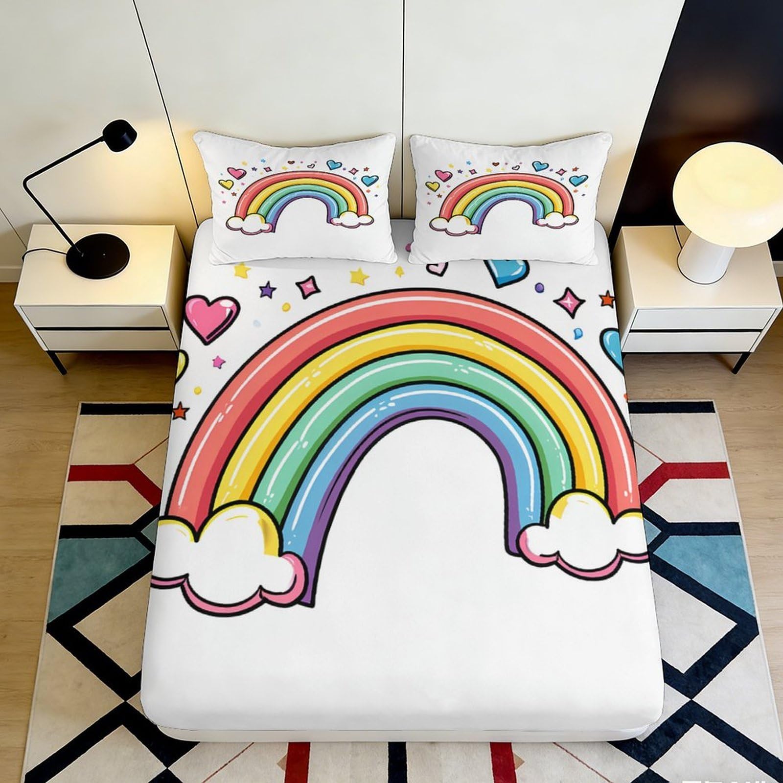 3D Printed Rainbow Heart Fitted Sheet Microfiber Colourful Cloud Mattress Cover for Bedroom Dorm Decor 90x200x25cm
