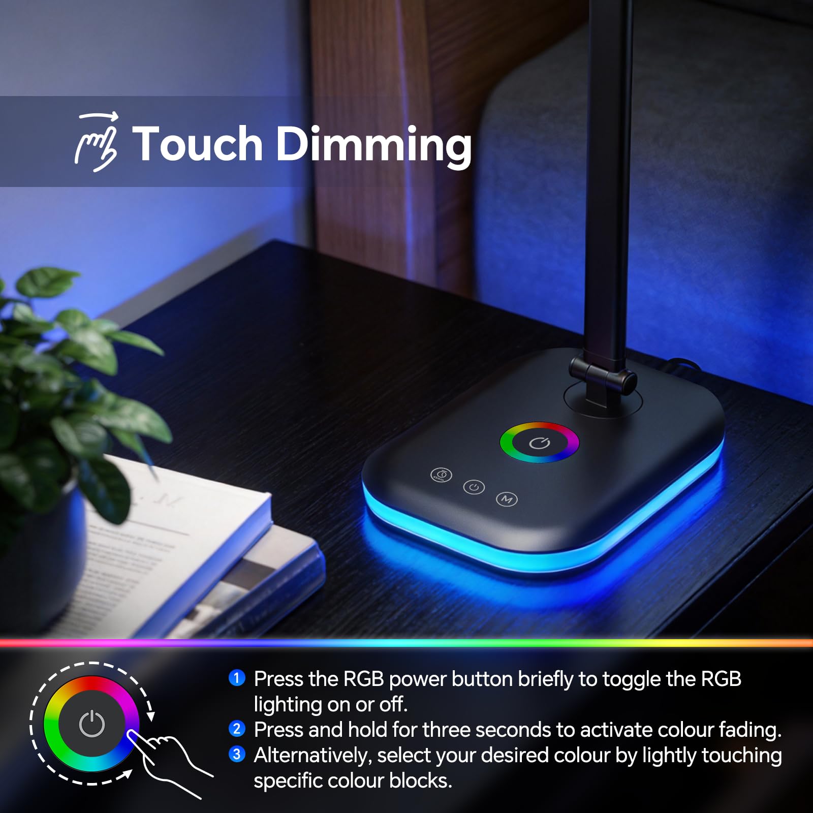 Morotty Lámpara de Escritorio LED 10W, Flexo con Luz Nocturna, 5 Temperaturas de Color, Regulación 10-100%, Puerto USB, Control Táctil Negro