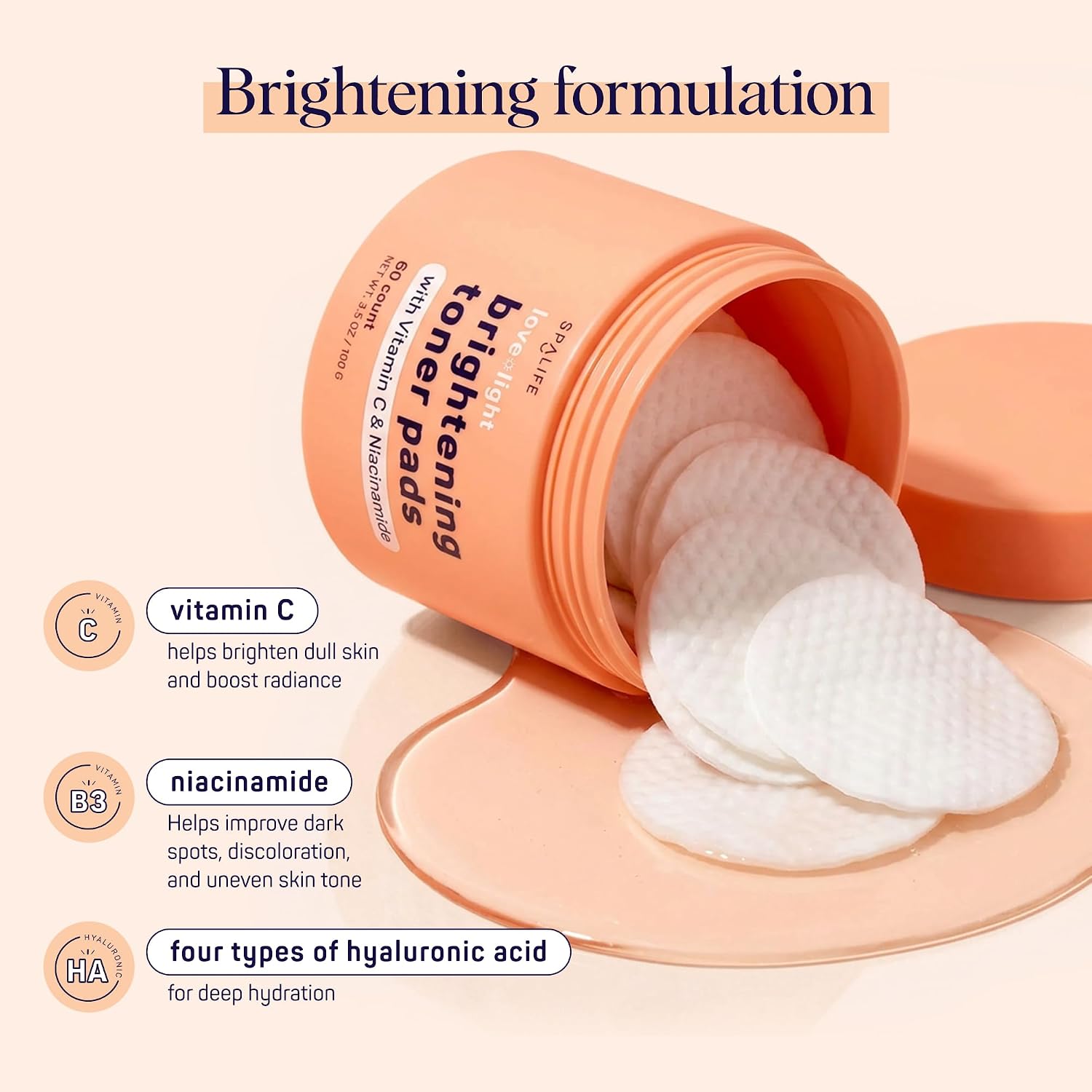 SpaLife Brightening Korean Toner Pads | For Uneven Skin Tone, Dark Spots & Discoloration, Clogged Pores, Dullness with Vitamin C, Niacinamide | Pre-Soaked Pads | 60 Count