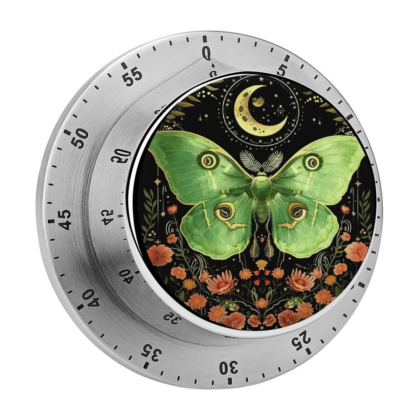 Green Luna Moth Floral Timer 60-Minute Countdown Magnetic Kitchen Timer