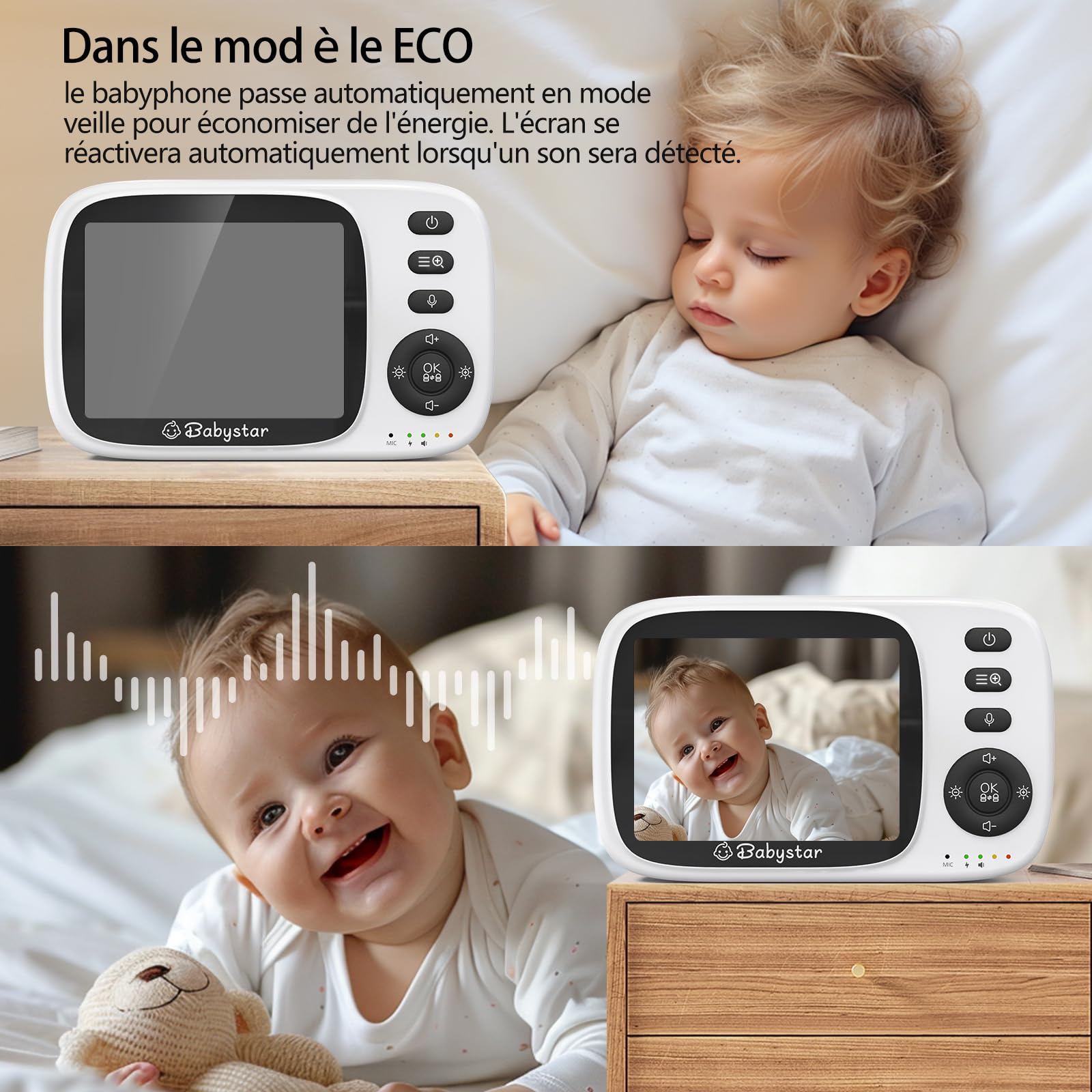 Babystar Babyphone avec caméra pour bébé, écran de 3,2", babyphone sans Wi-FI, Audio bidirectionnel, berceuses, Mode VOX, Vision Nocturne, capteur de température