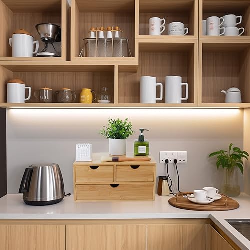 Miniatura 4 de Organizador de escritorio de bambú con cajones, cajones de encimera, 3 cajones, caja de almacenamiento, organizador de escritorio de esquina para