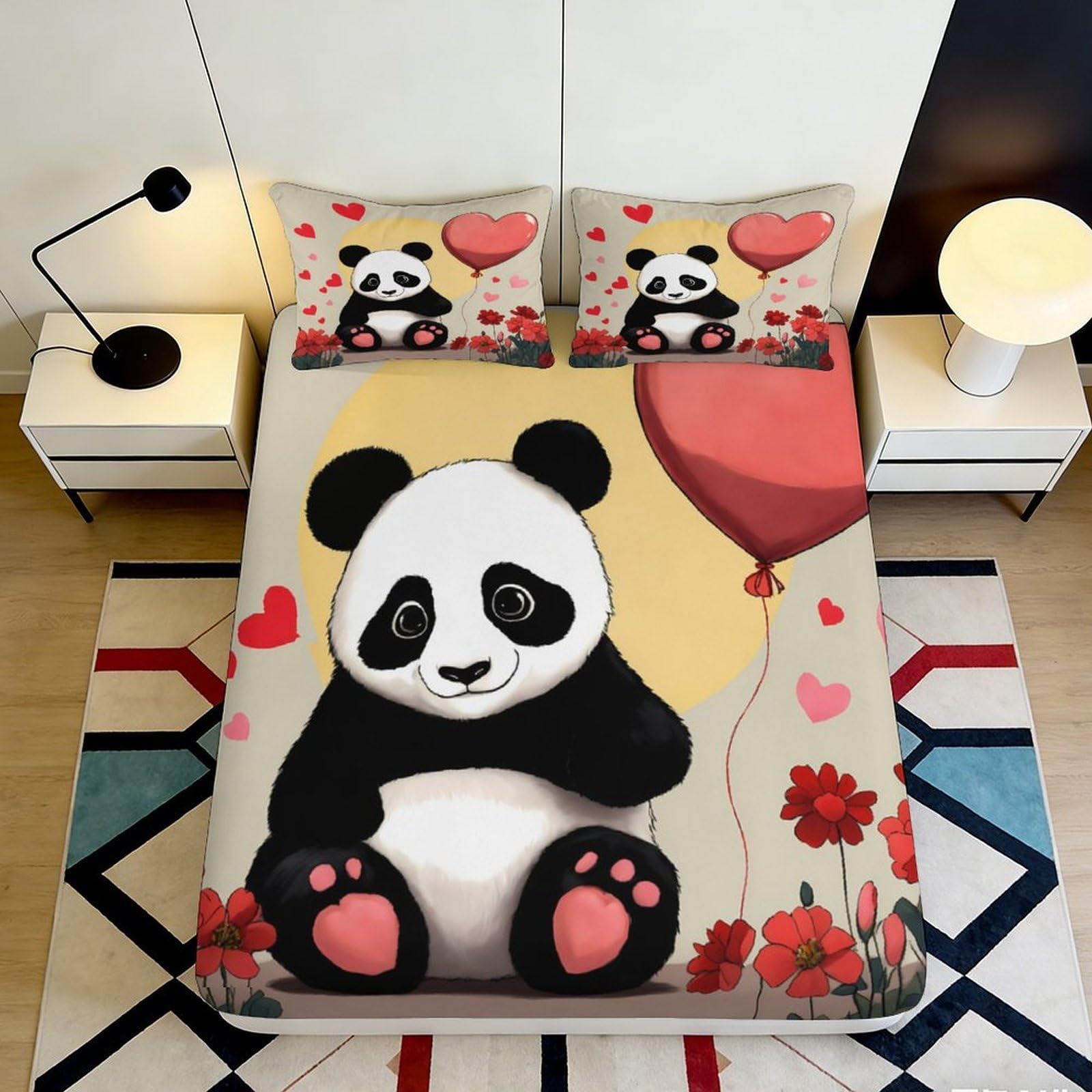 3D Printed Panda Heart Balloon Fitted Sheet Microfiber Soft Anti-Slip Bed Cover for Bedroom Dorm Mattress Protection Decor 90x200x25cm