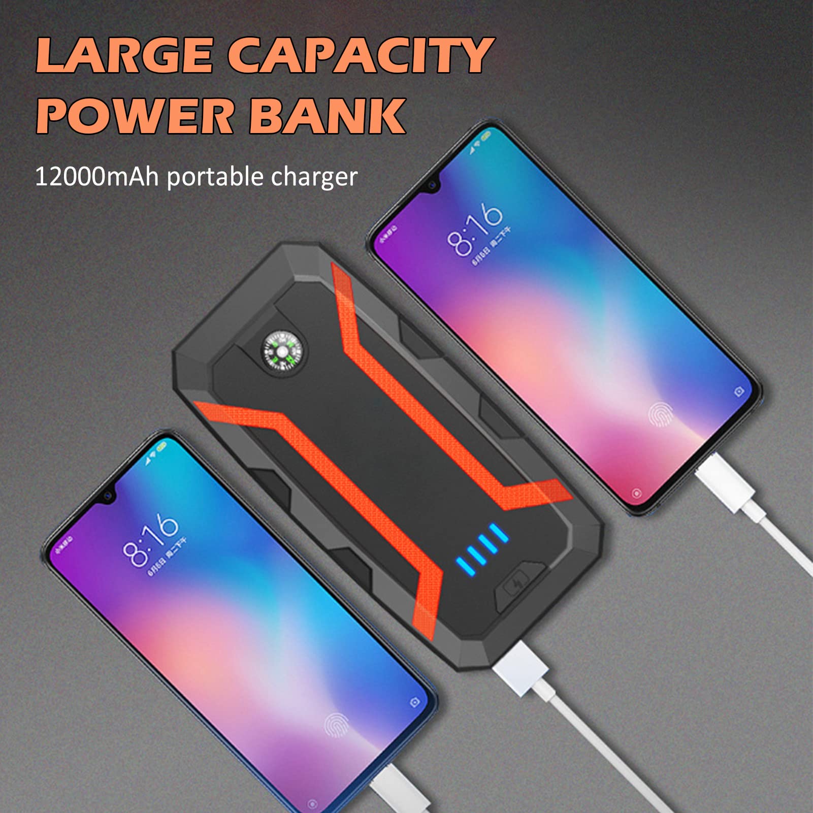 Démarreur de Voiture Portable, 12 V 1500 A Courant de Crête 12 000 MAh Booster de Batterie de Voiture (jusqu'à 7,2 L de Gaz ou 5,5 L de Moteur) avec Boussole LED et Port de