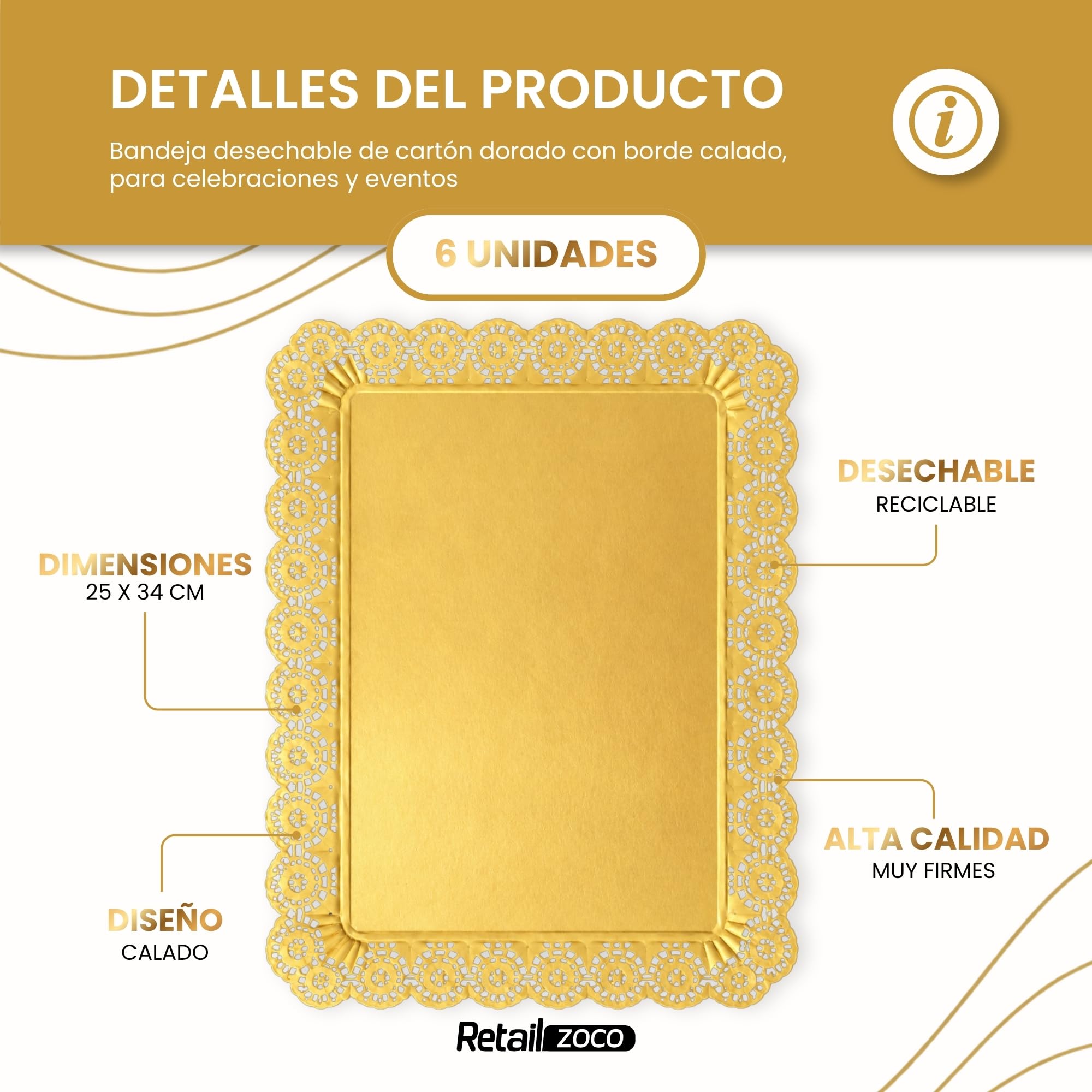 Bandejas de Cartón para Servir, Diseño Dorado, 6 Unidades - imagen 2