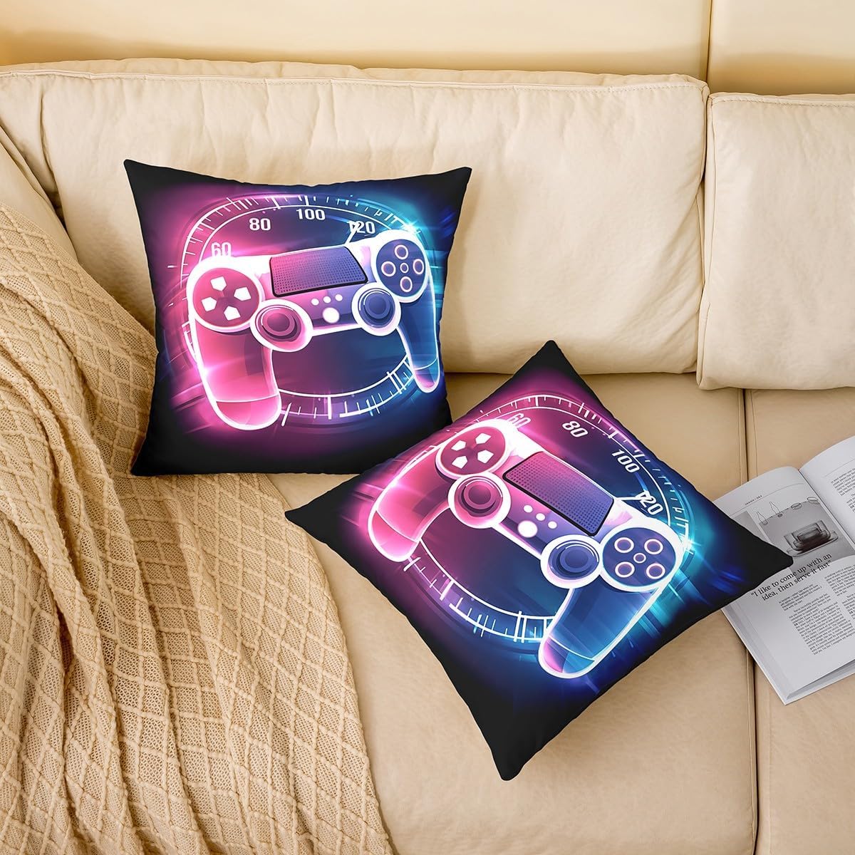 Pack of 1 Boys Gamepad Throw Pillow Cover,Neon Video Gaming Controller Square Cushion Case Set Modern Gaming Lover Decor Throw Porch Pillow Cases for Living Room,16x16 Inches image 2