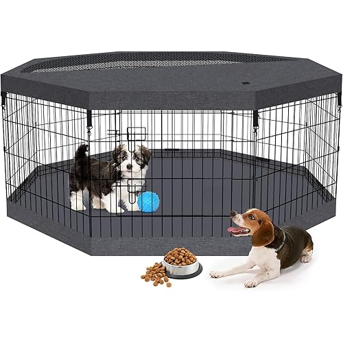 Foldable Metal Wire Dog Pen Pet Playpen Dog Fence Indoor Exercise Pen Enclosure Indoor Outdoor with Bottom Pad and Top Cover (Black 24 top Bottom Cover)