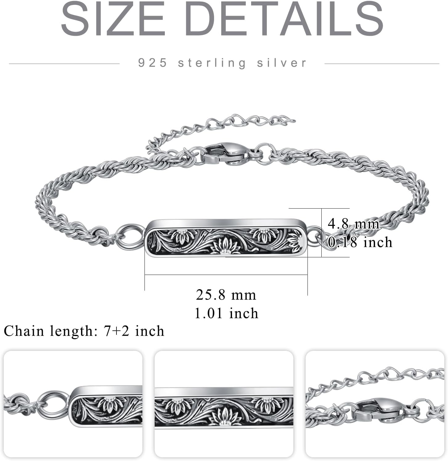 Urn Bracelet for Ashes 925 Sterling Silver Vintage Filigree Cremation Bracelet for Ashes Flower Memorial Bangle Bracelet Keepsake Jewelry for Women Men