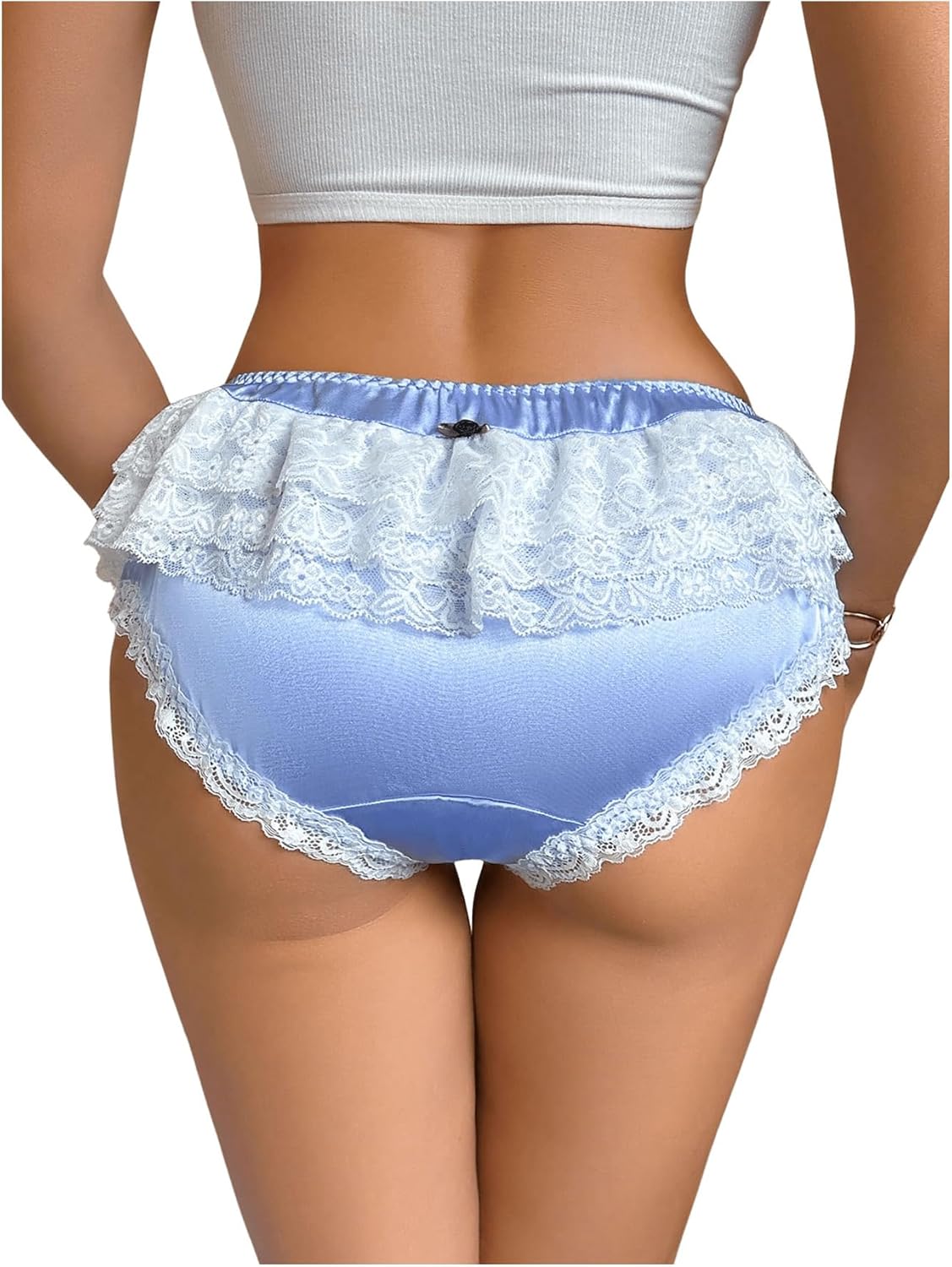 MakeMeChic Women's Lace Trim Satin Panties Ruffle Briefs Bow Front Cute Underwear