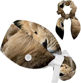 FVQL 2 Pieces Surgical Cap for Long Hair Scrub Cap with Hairband Nurse Cap, Lion Pattern Animal
