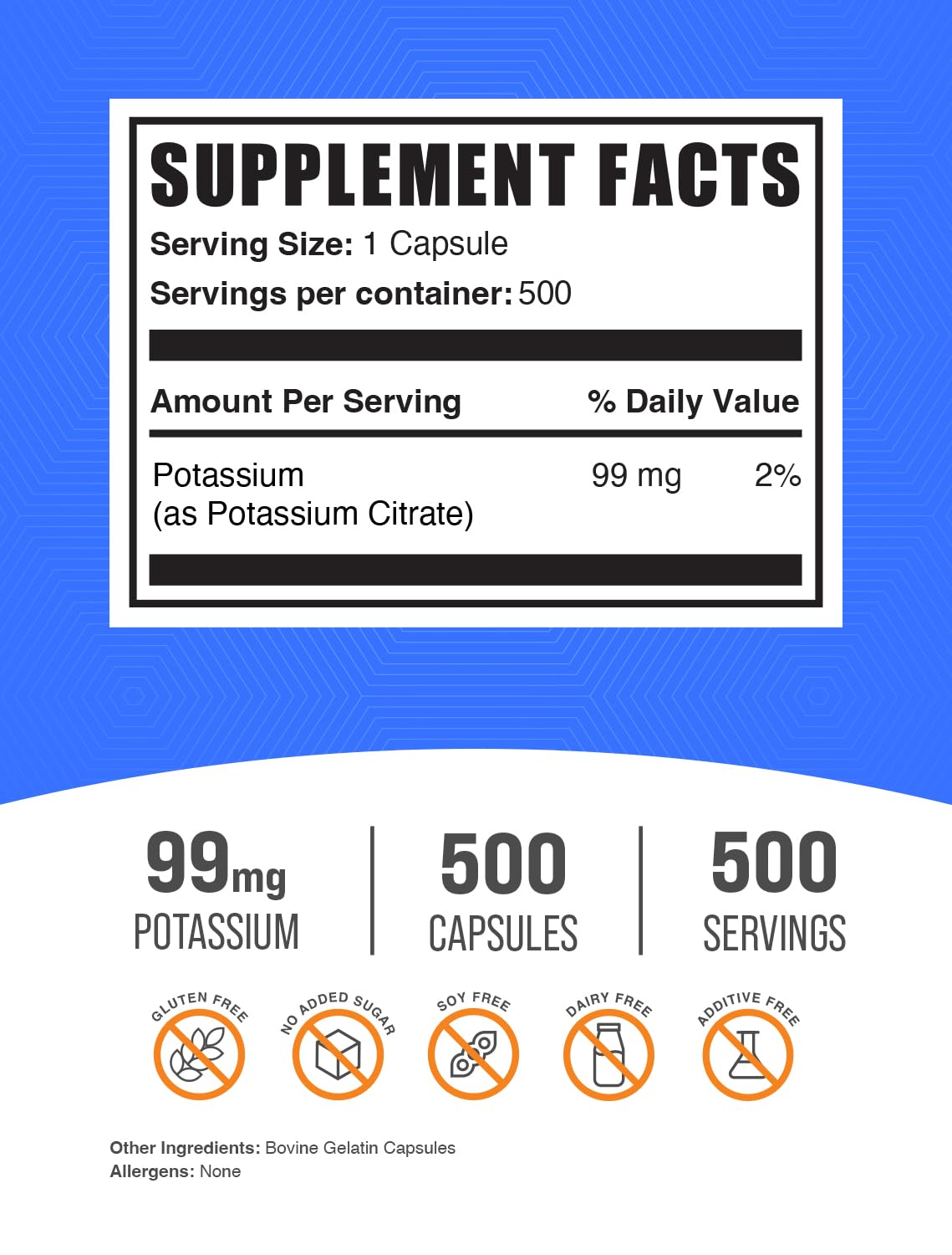 BulkSupplements.com Potassium Citrate Capsules - Mineral Supplement, Potassium Citrate 99mg - Gluten Free, 1 Capsule per Serving, 500 Count (Pack of 1) — Amazon image 2