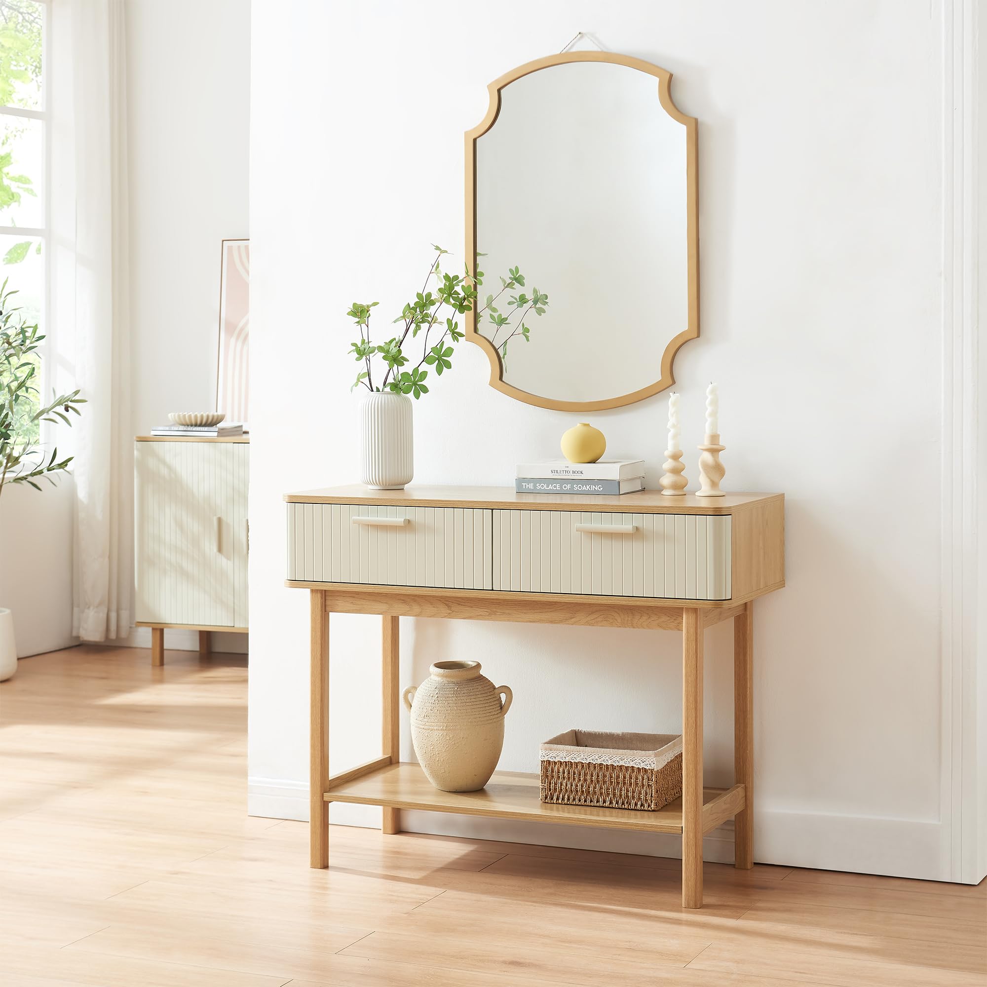 [en.casa] Mueble Recibidor Ferrersp Mesa Consola Mesa de Entrada con 2 Cajones y 1 Estante MDF Patas de Pino 100 x 40 x 80 cm - Roble/Oatmeal