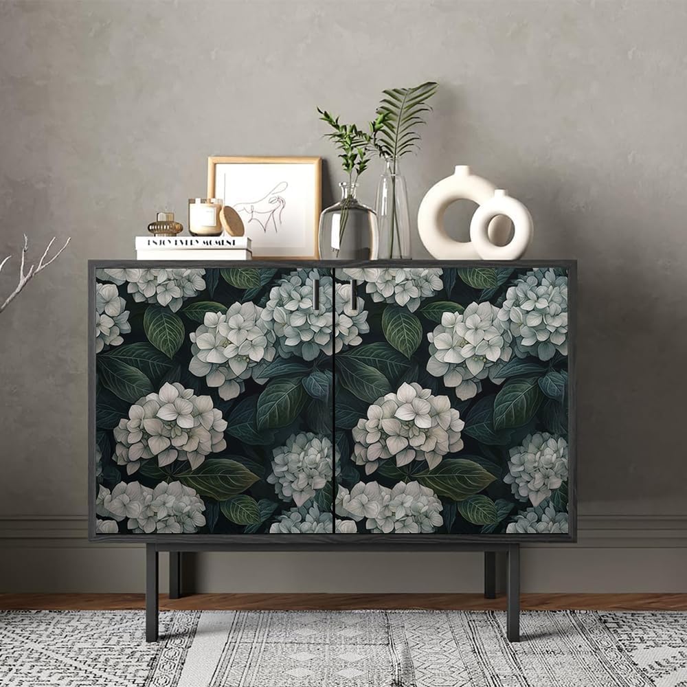 REDAMANCY Watercolor Black White Hydrangea Flower Green Leaf Peel and Stick Wallpaper Stick on Contact Paper Vintage Wall Paper Easy Peel Off for nightstand Drawer Cabinet Renter