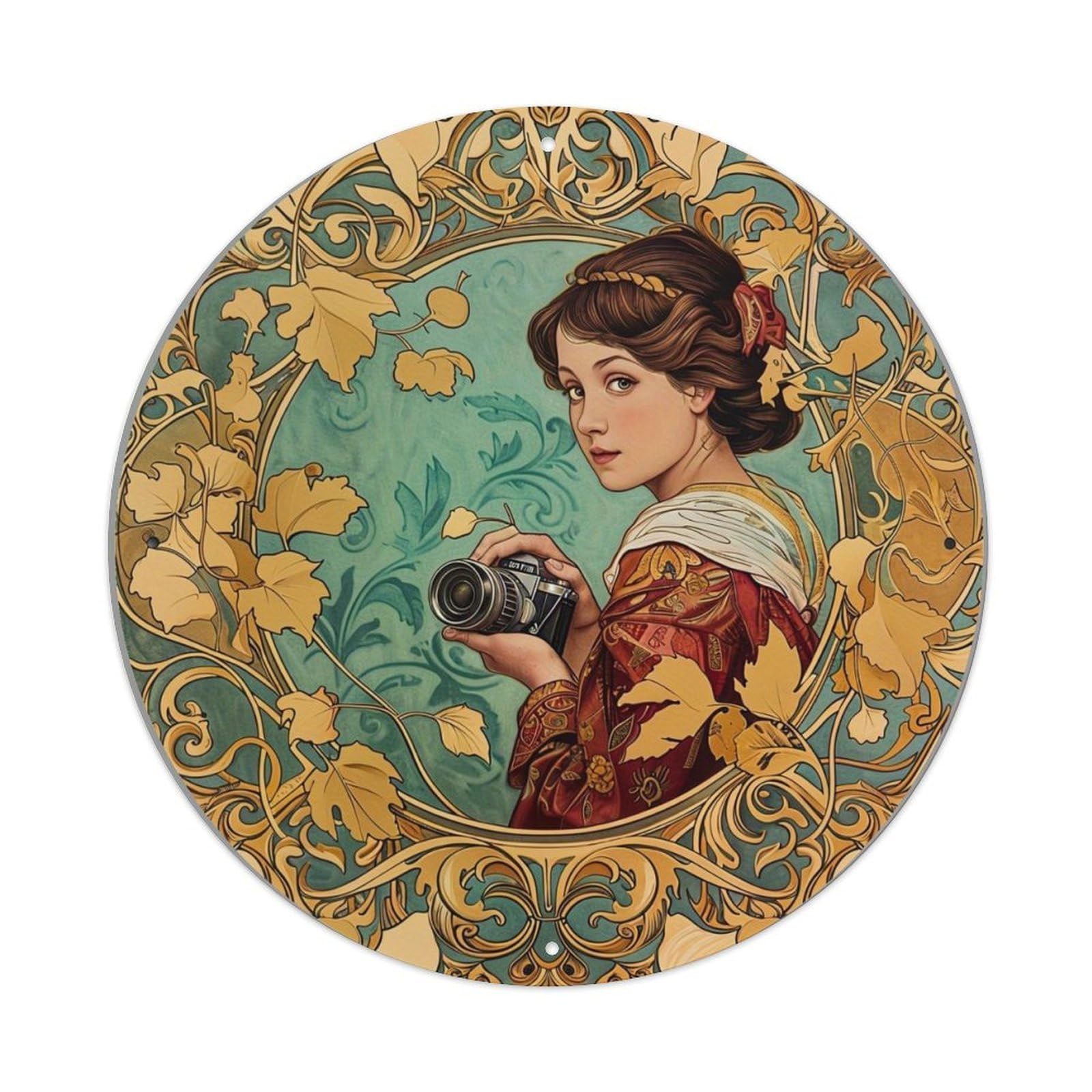 Art Nouveau Floral Portrait Camera Metal Tin Sign Plaque