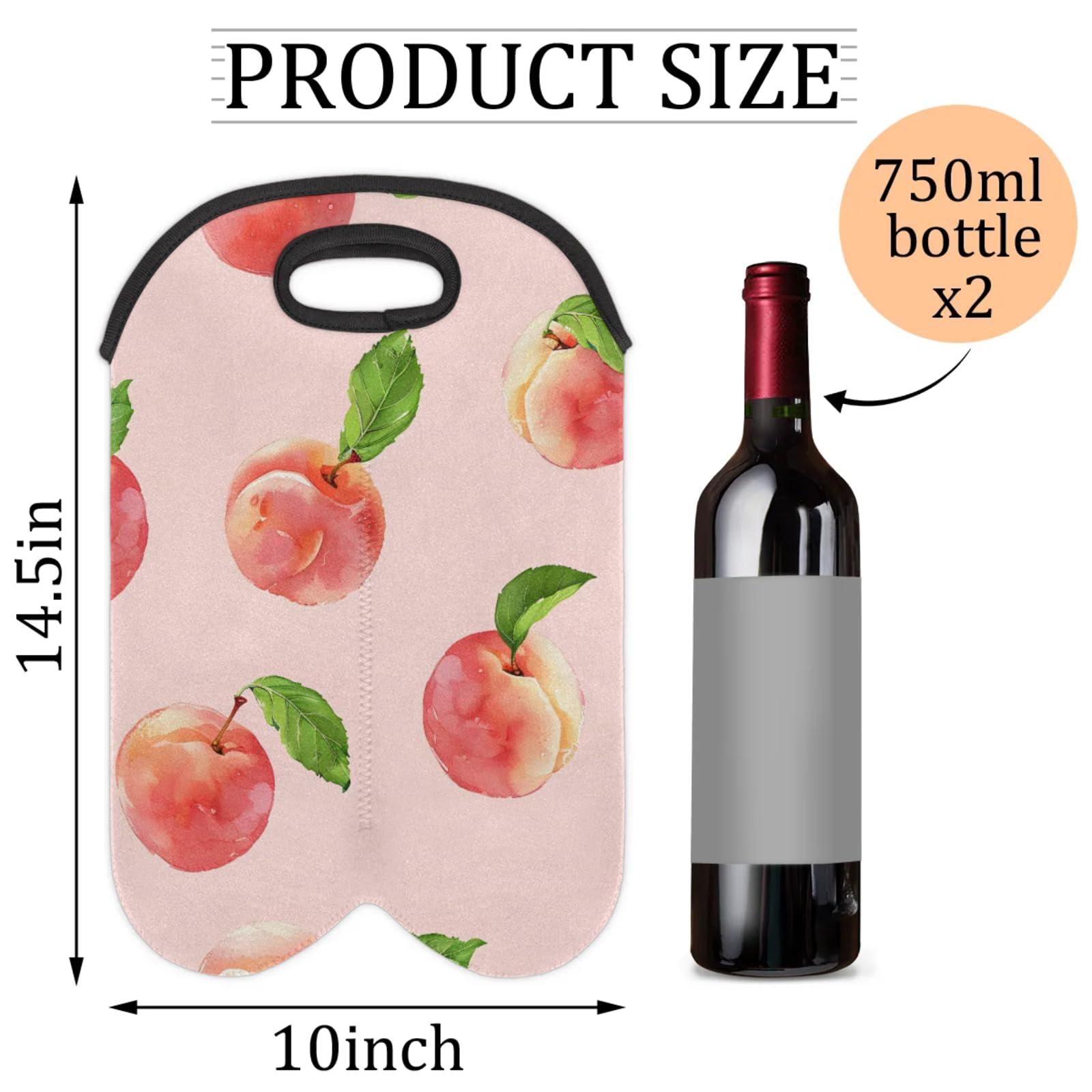 GzLeyigou 2 Bottles Peaches Wine Bag Sleeve Totes Neoprene Protective Wine Carrier Bag for Wine,Water, Champagne, Beer, Baby Bottles,Gift 14.5 x 10 Inches