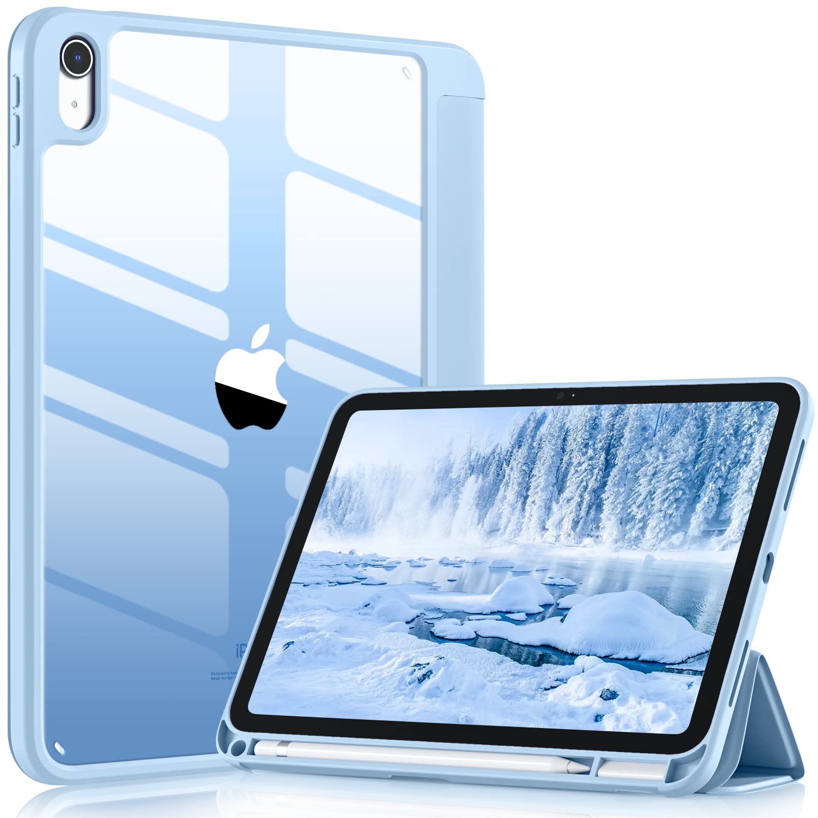 Wenlaty Case Compatible with iPad 10th Generation 2022 10.9 Inch with Pencil Holder, Slim Protective Cover with Clear Back Shell for iPad 10th Gen A2696 A2757 A2777, Auto Wake/Sleep, Sky Blue