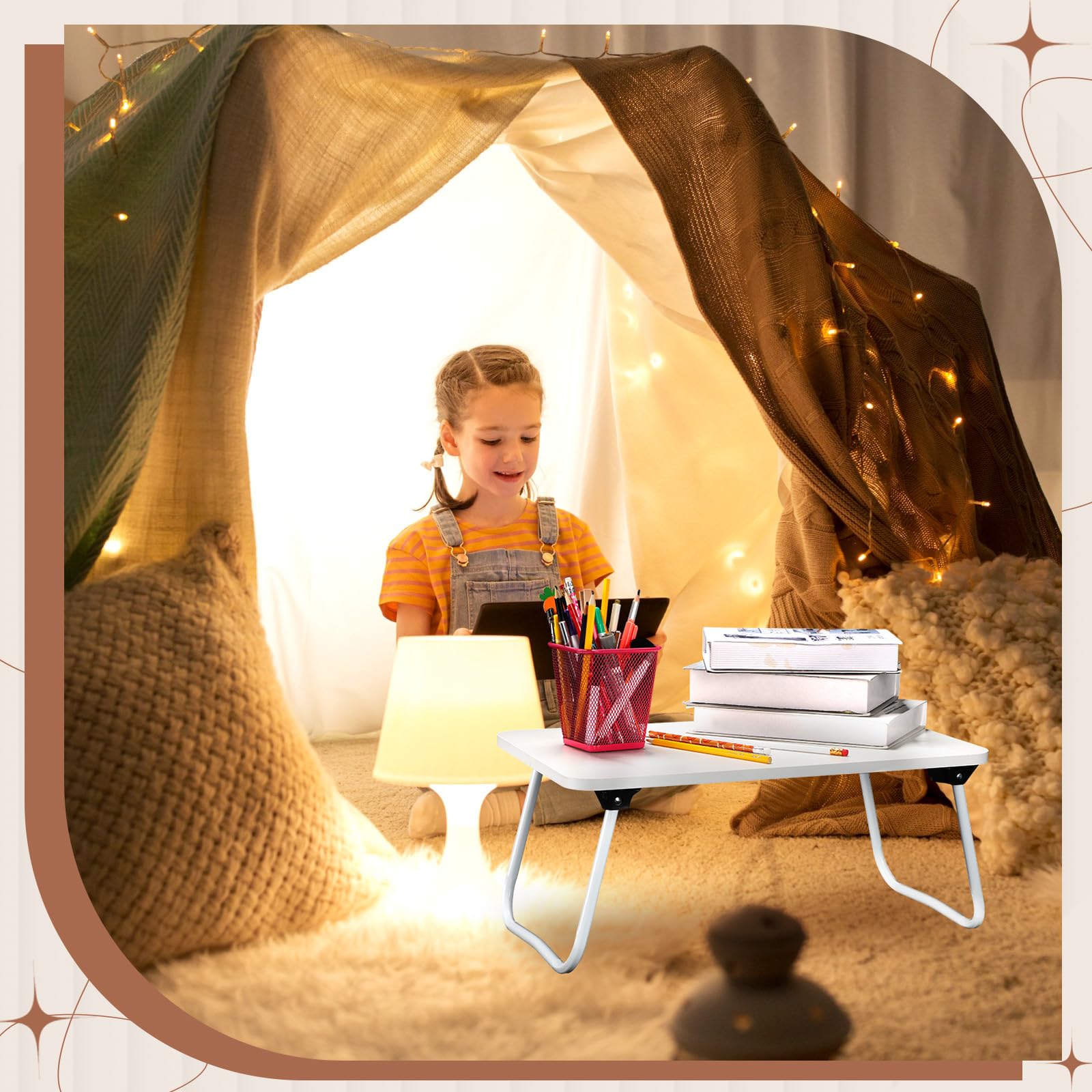 Bed Table Tray Breakfast Tray with Folding Legs White Foldable Lap Desks Serving Food Tray for Eating on Bed Sofa Laptops Sleepover Slumber Party Kids Adult