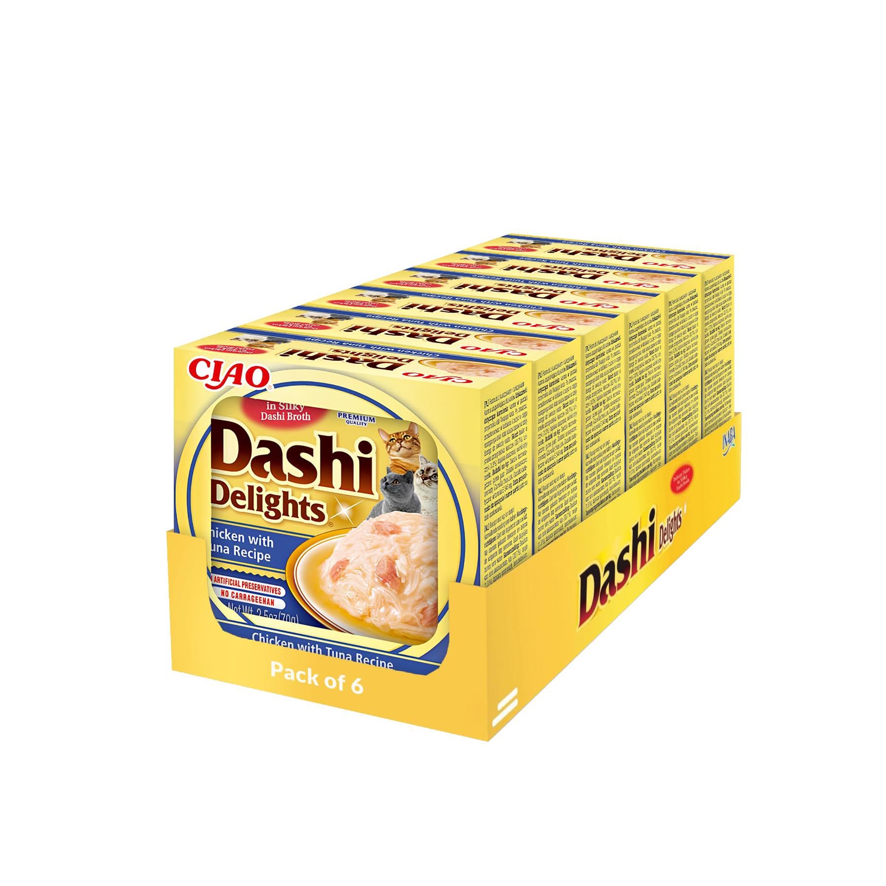 INABA Dashi Delights: Chicken with Tuna Recipe (6 x70g) / Bits in Broth Cat Food Topping, Rich in Protein, Natural Ingredients, Delicious and Healthy, Wet Cat Food
