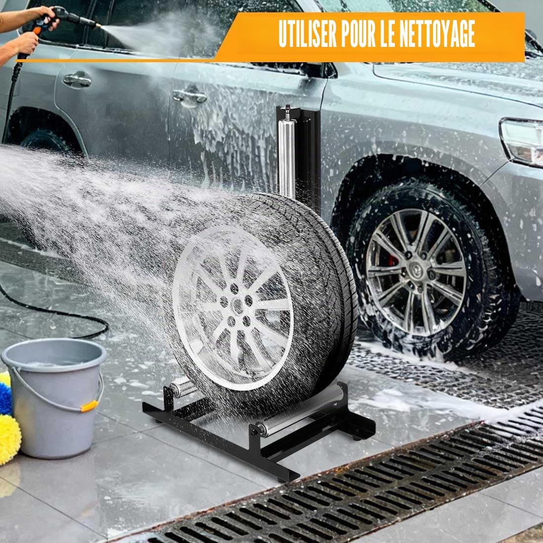 Étagère de nettoyage pour pneus de voiture - Accessoire de garage pour le nettoyage et le polissage des pneus - Charge maximale : 50 kg - 58 x 36,5 x 89 cm - Argenté