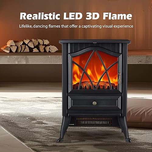 Miniatura 5 de Calentador eléctrico independiente para estufa de chimenea, 1500 W con efecto de llama LED 3D realista, brillo y termostato ajustables, 2 ajustes de