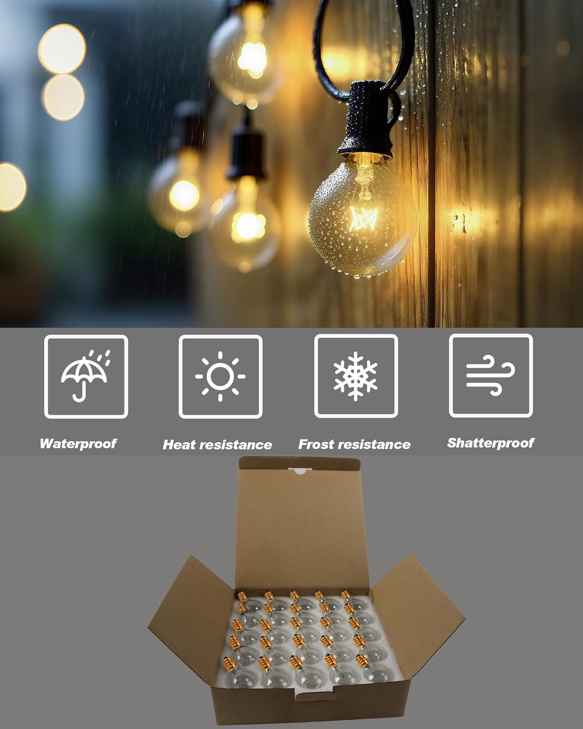 25-Pack G40 Globe Replacement Bulbs, Clear Glass Incandescent Light Bulbs for Outdoor String Lights, 5W Dimmable, E12 Candelabra Base, 2200K Warm White for Patio, Porch, Party & Cafe Lighting