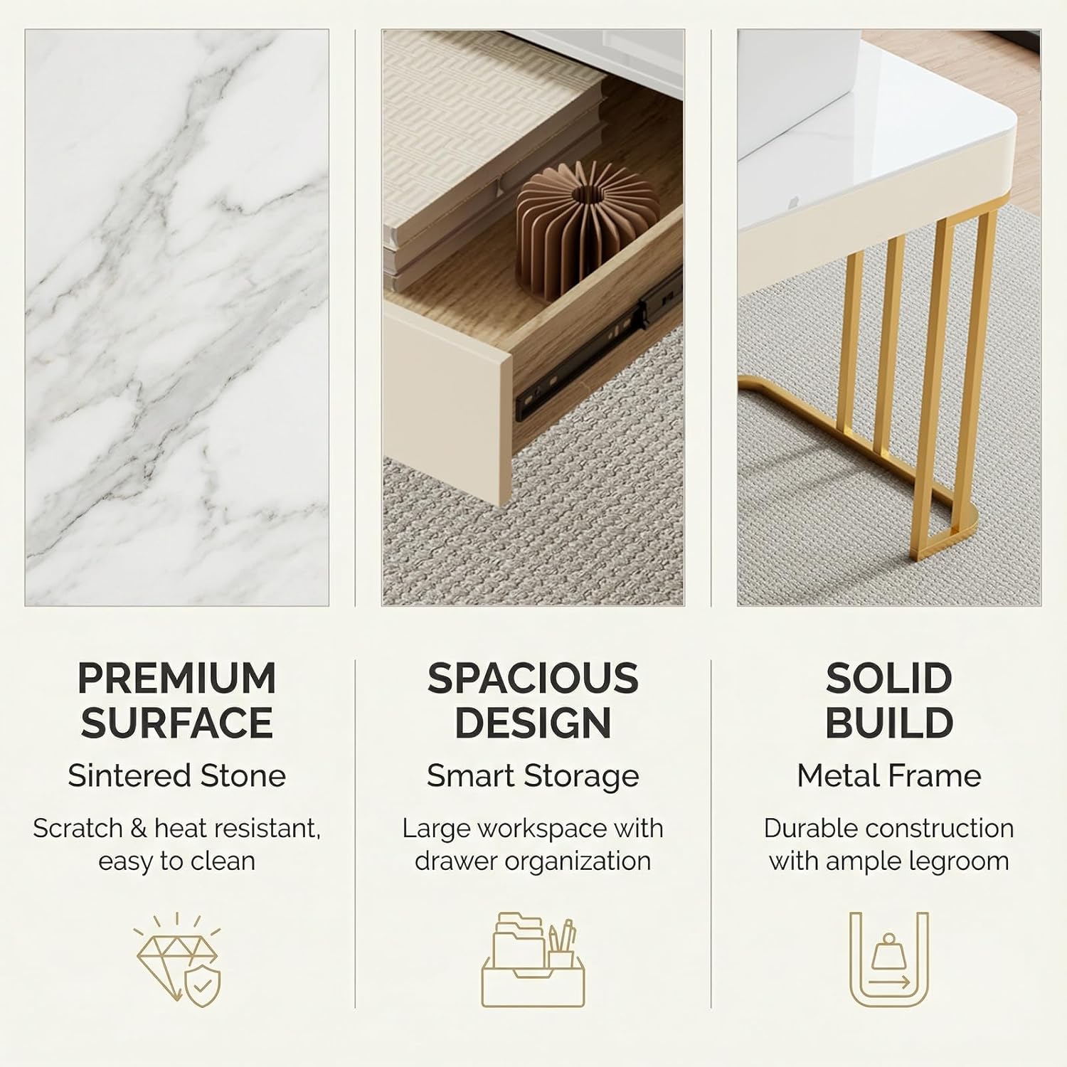 Executive Desk with Drawers Storage Modern Home Office Desk High-Hardness Sintered Stone Tabletop Marble Metal Table Legs Computer Desk Luxury Design(Brown+Gold,55.1x23.6x29.5in)