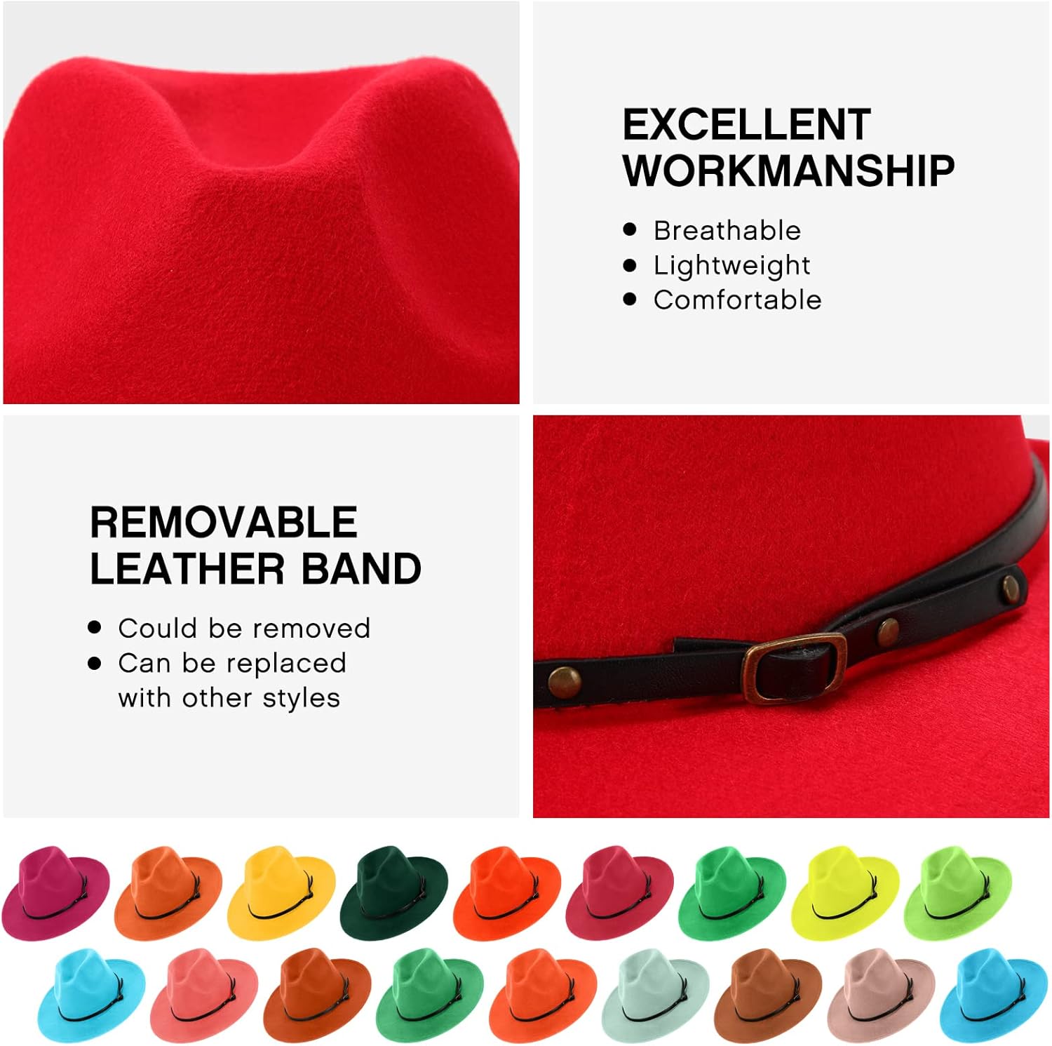 Janmercy 36 Pcs Classic Large Brim Hat for Women Bulk Adjustable Felt Panama Hat with Belt Buckle, Vintage, Assorted Colors