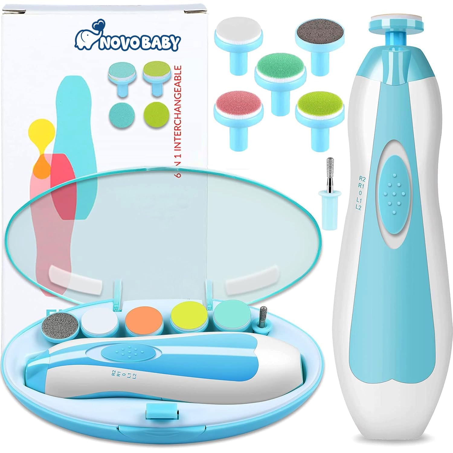 Novo Baby Electric Nail Cutter New Born 0-6 Months with LED Light | Infant Nail File | Toddler Nail Clipper | Kids Nail Trimmer | Newborn Baby Products | Safe Grooming Kit with 6 Filer Heads (Multi)