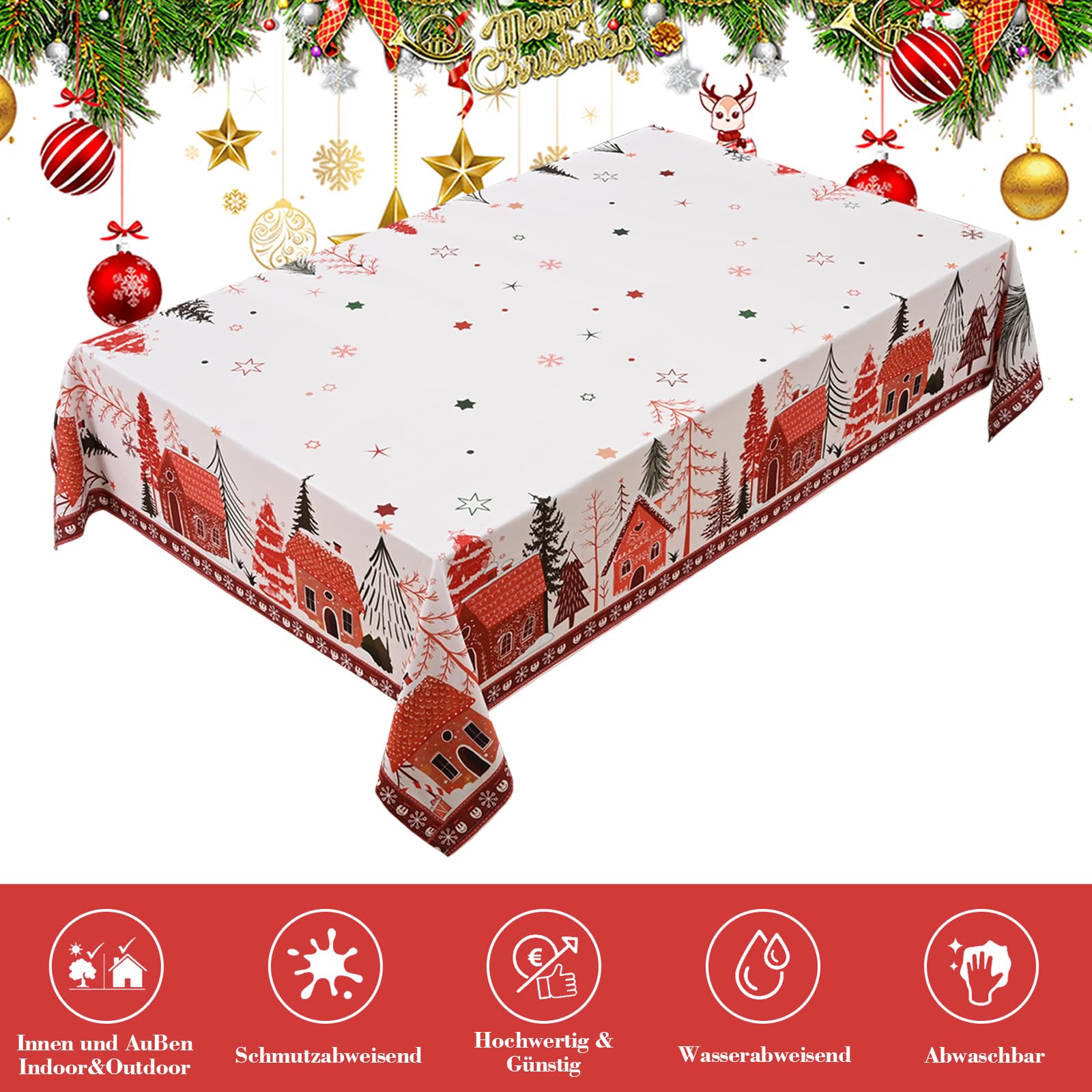 Softalker tovaglia di natale quadrata 100x100 cm rossa tovaglie antimacchia con eleganti fiocchi di neve bianchi e albero di Natale ideale per balcone, tavolo da centro, cucina, giardino,picnic