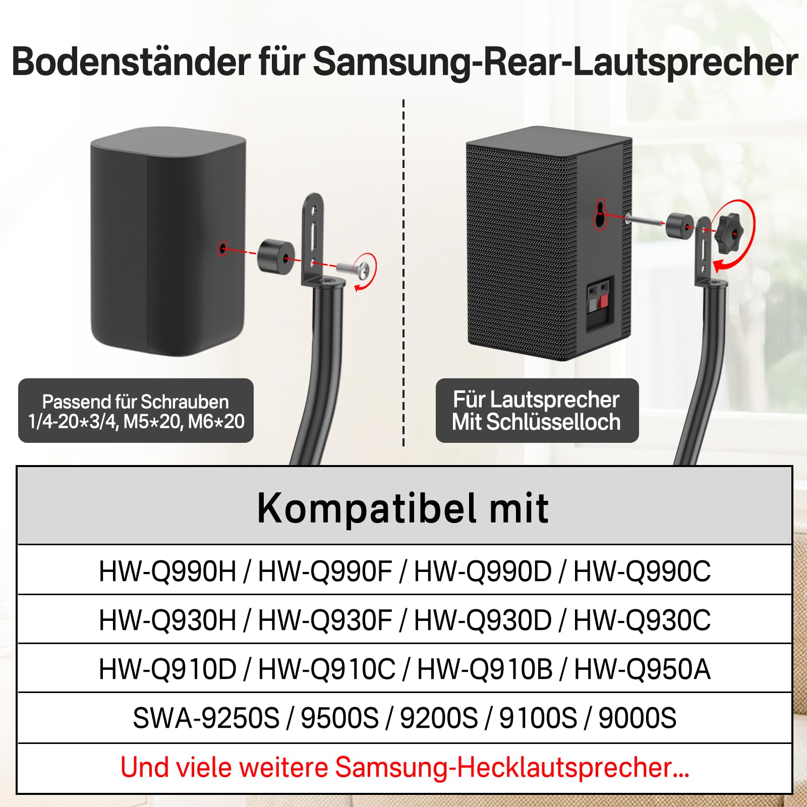 Soporte de Altavoz Regulable en Altura para Altavoces Traseros para Samsung con Soporte de Pared – Extensible de 84 cm a 107 cm para Soporte de Altavoz para Samsung con gestión de Cables, Pareja